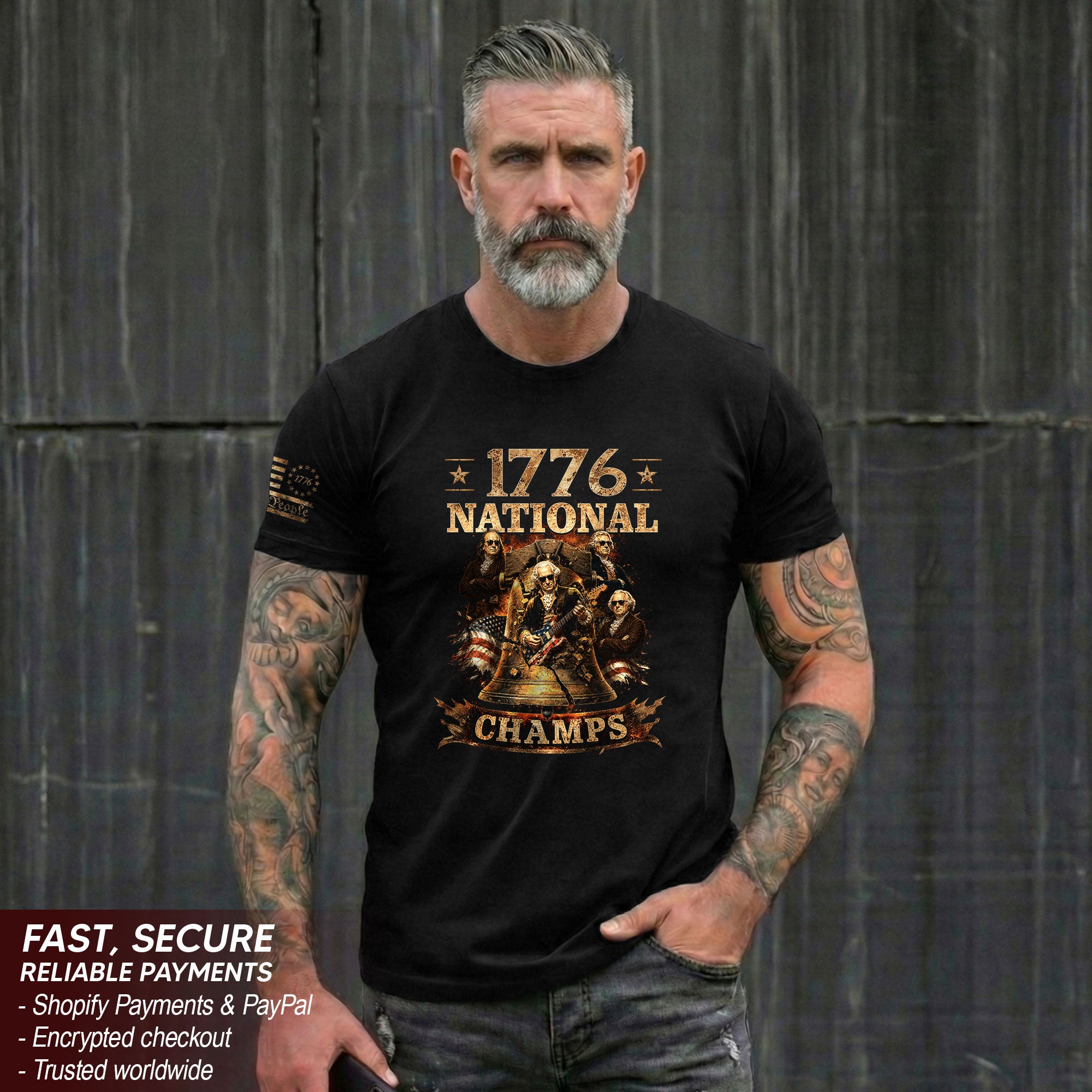 1776 National Champs T-Shirt Rock Liberty Bell US Founding Fathers Patriotic Graphic Tee