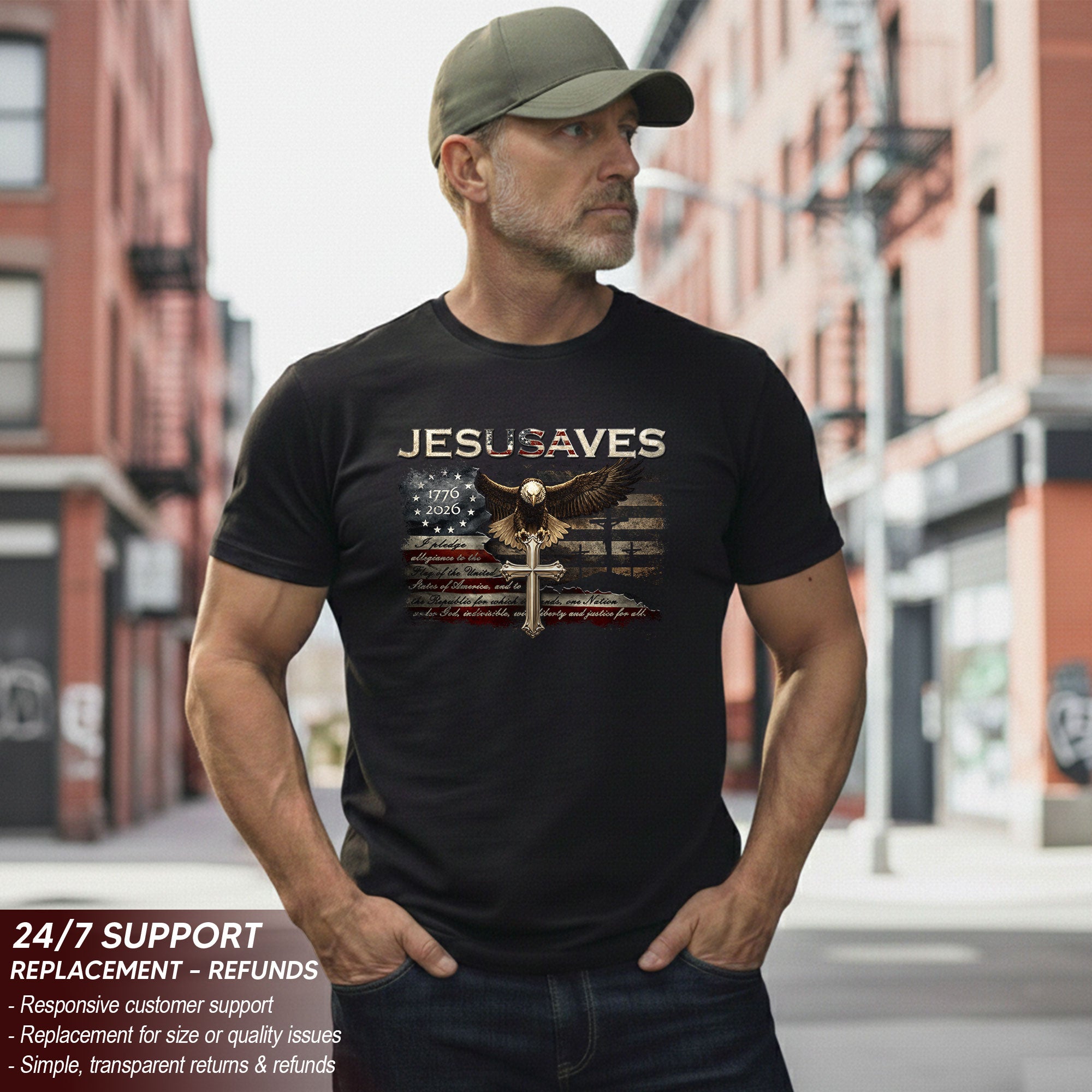 JESUSAVES Graphic T Shirt Patriotic American Eagle Cross Religious Faith Apparel
