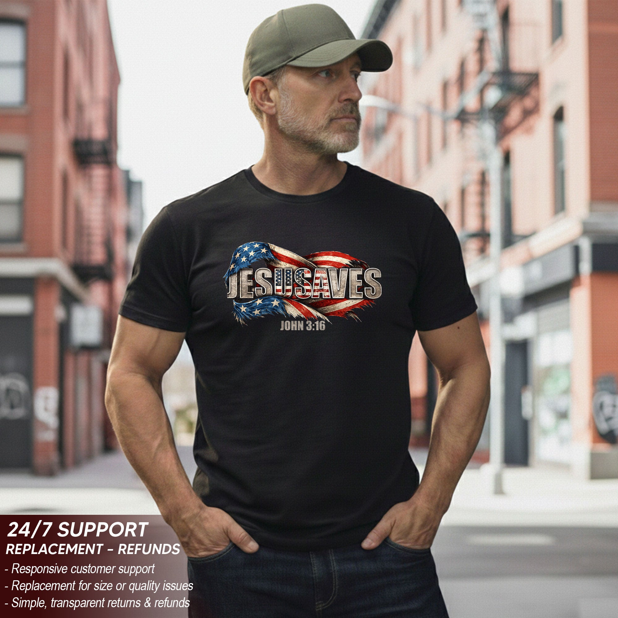Distressed Flag JESUSAVES Graphic T Shirt John 3 16 Spiritual Patriotic Cotton Top