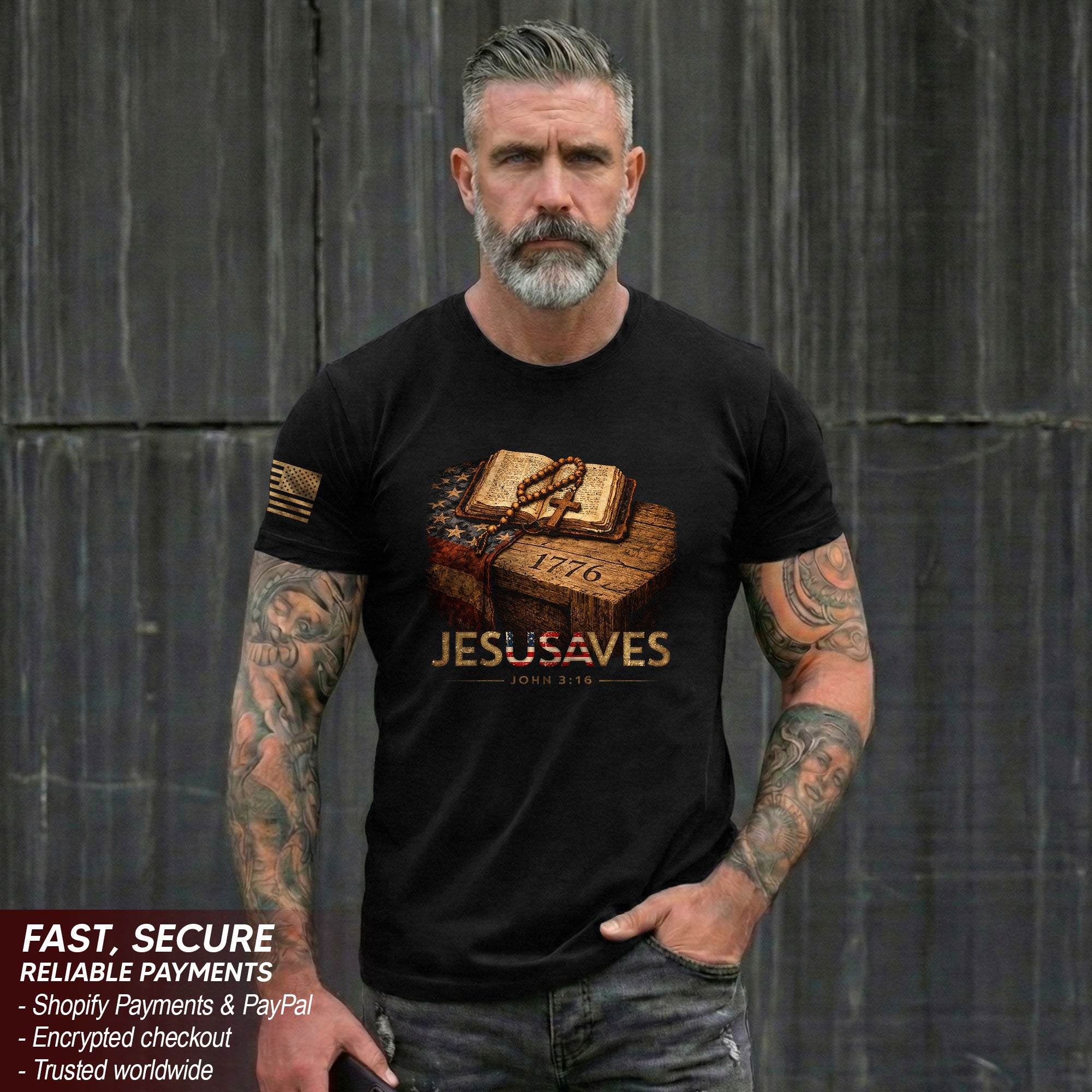 JESUSAVES 1776 Patriotic T-Shirt - Vintage American Flag Graphic Tee - Casual Apparel