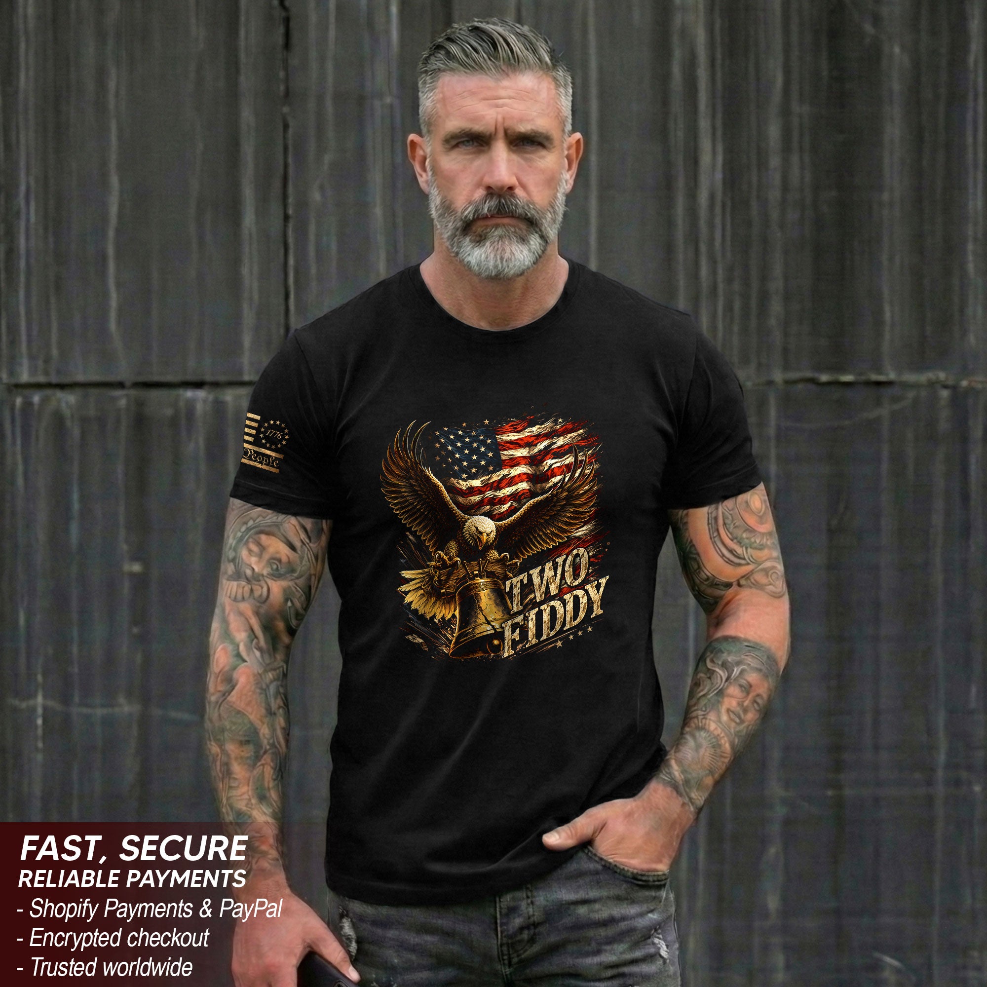 Iconic Patriotic Shirt - Two Fiddy Eagle Liberty Bell American Flag Graphic Design