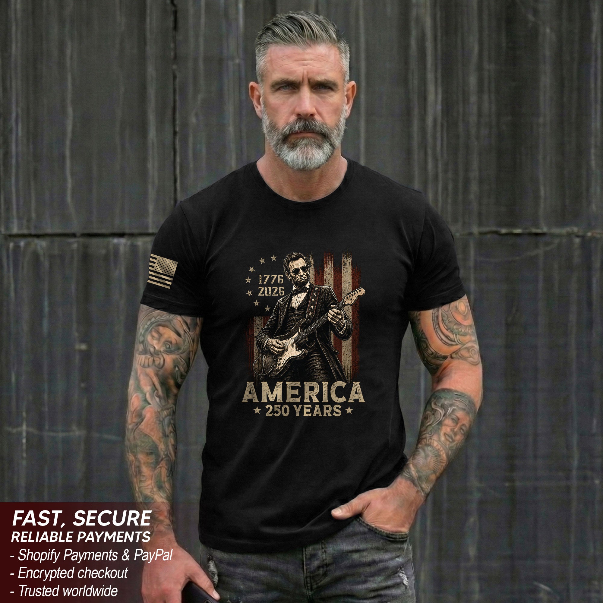 Lincoln Rock Guitar Shirt 1776 2026 Vintage American Flag Patriotic Graphic Tee Men