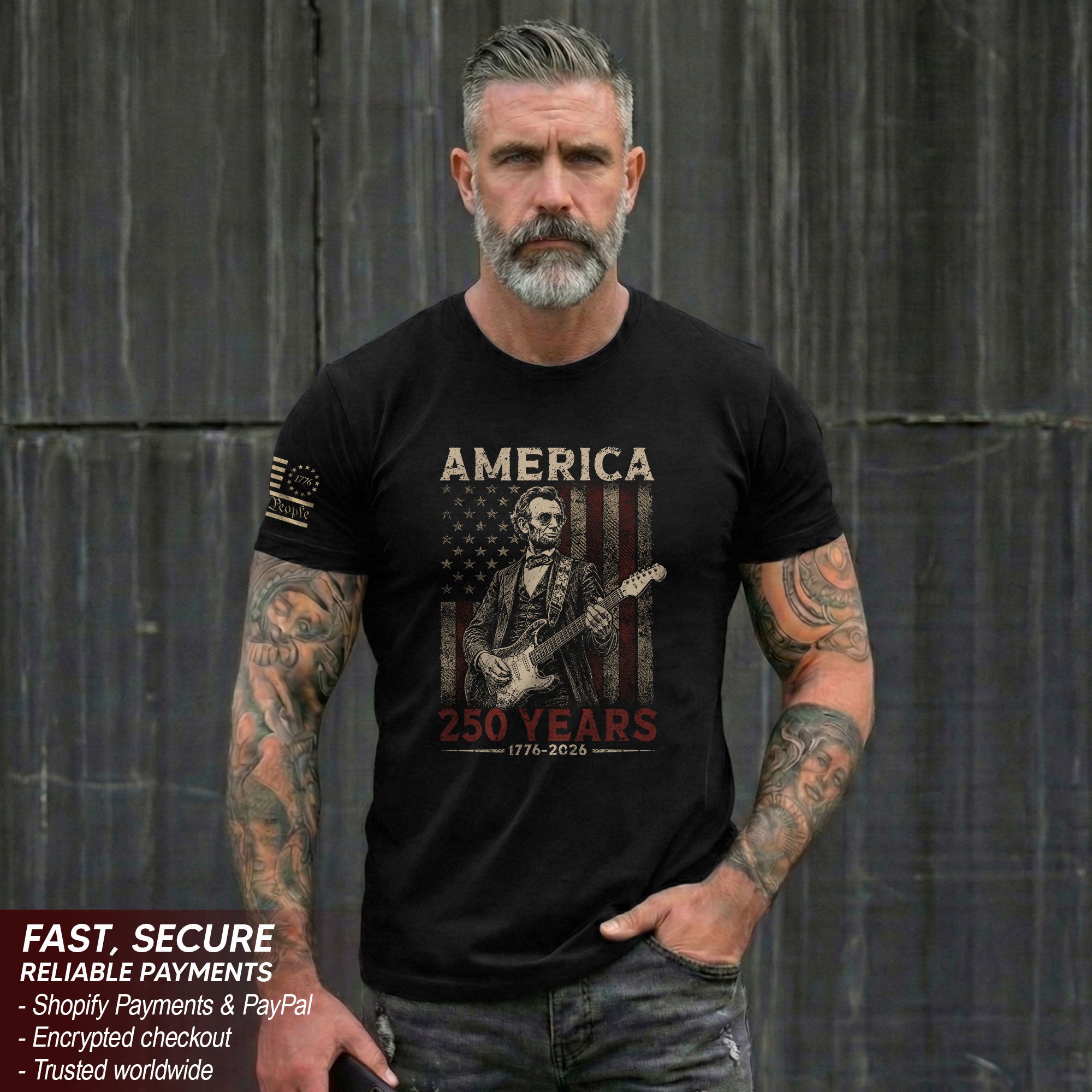 Lincoln Rock Guitar Shirt 1776 2026 Vintage US Flag Patriotic We The People Graphic Tee