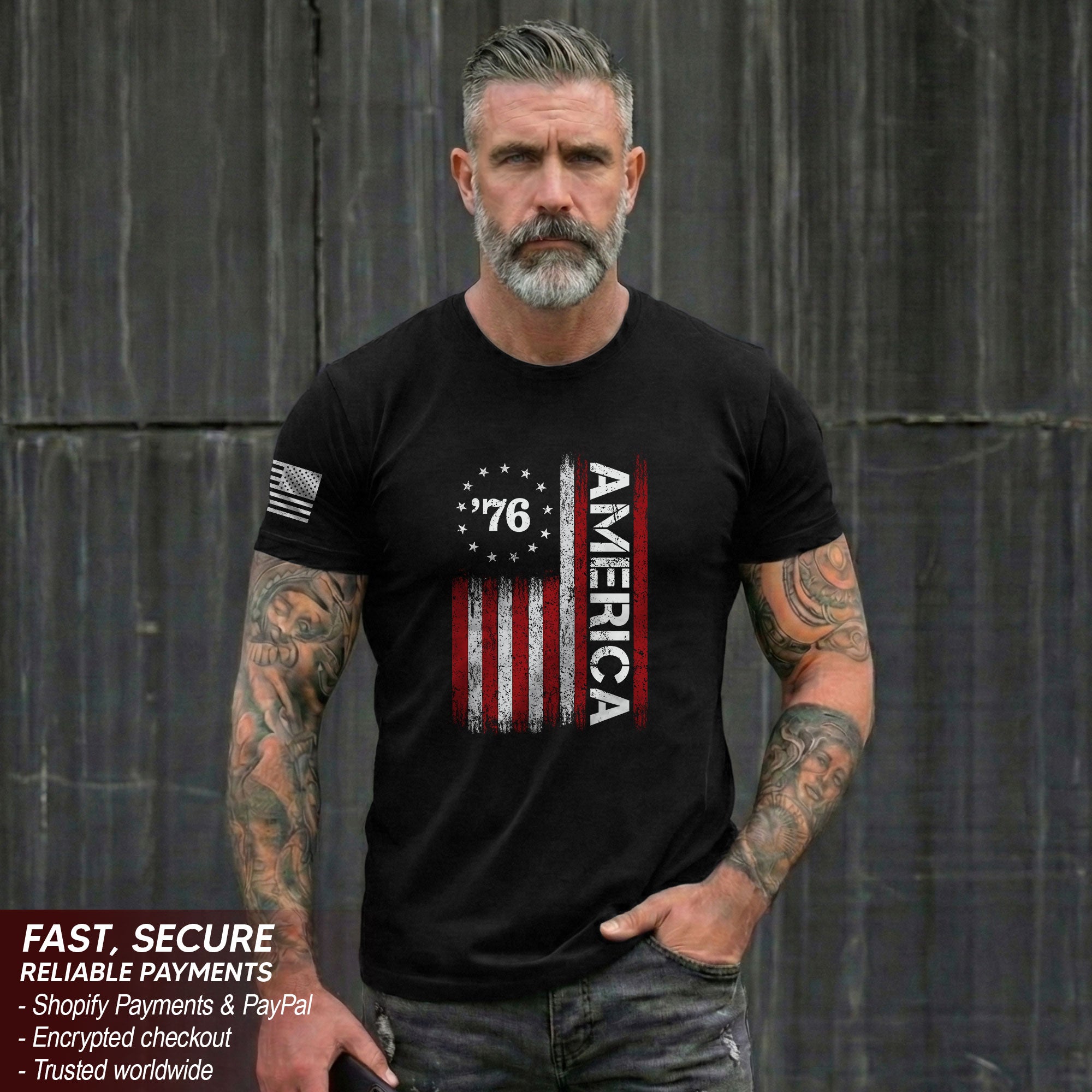 Classic Retro Style American Flag 76 Apparel Patriotic Graphic T-Shirt Holiday Wear
