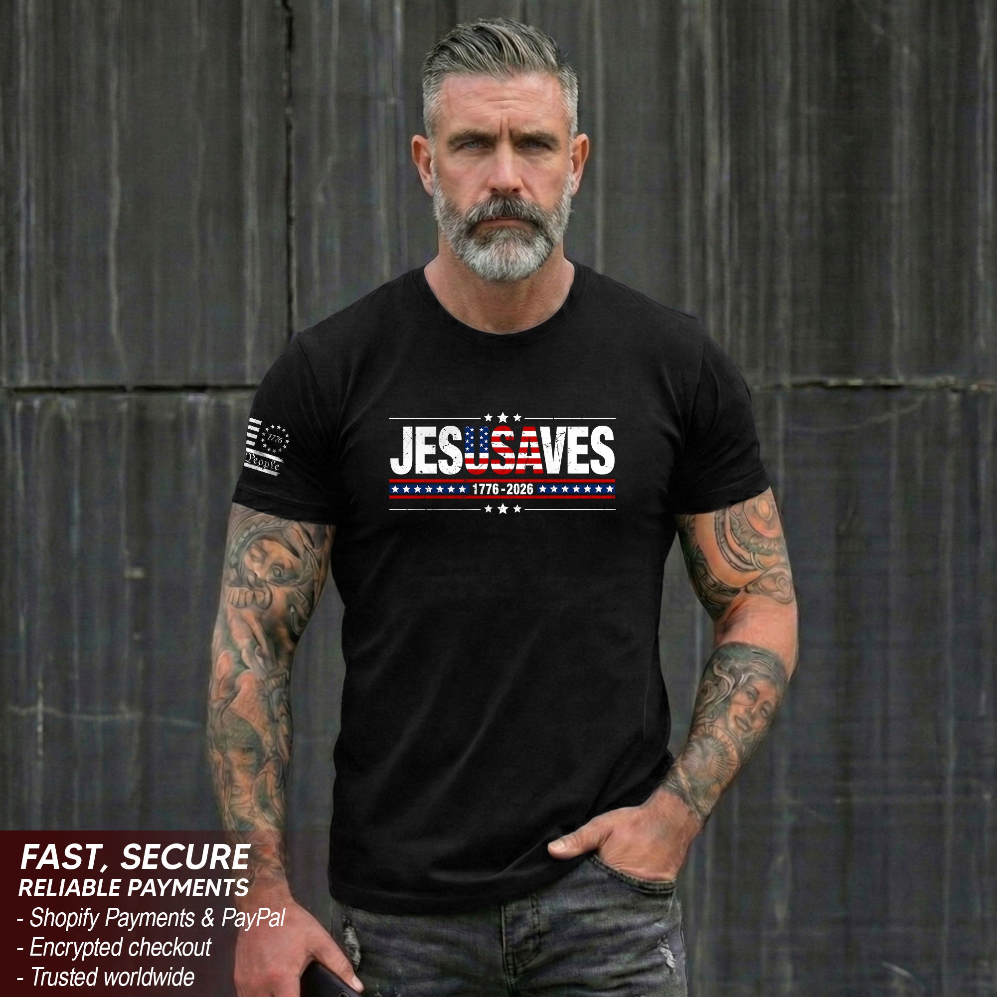 JESUSAVES T-Shirt USA Flag Patriotic 1776 2026 We The People Men Cotton Tee Shirt