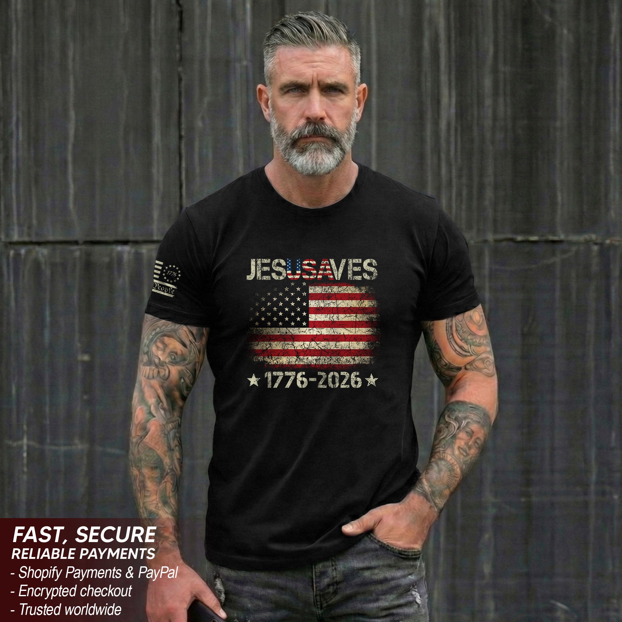 Vintage JESUSAVES USA Flag Shirt 1776 2026 We The People Men Patriotic Cotton Tee