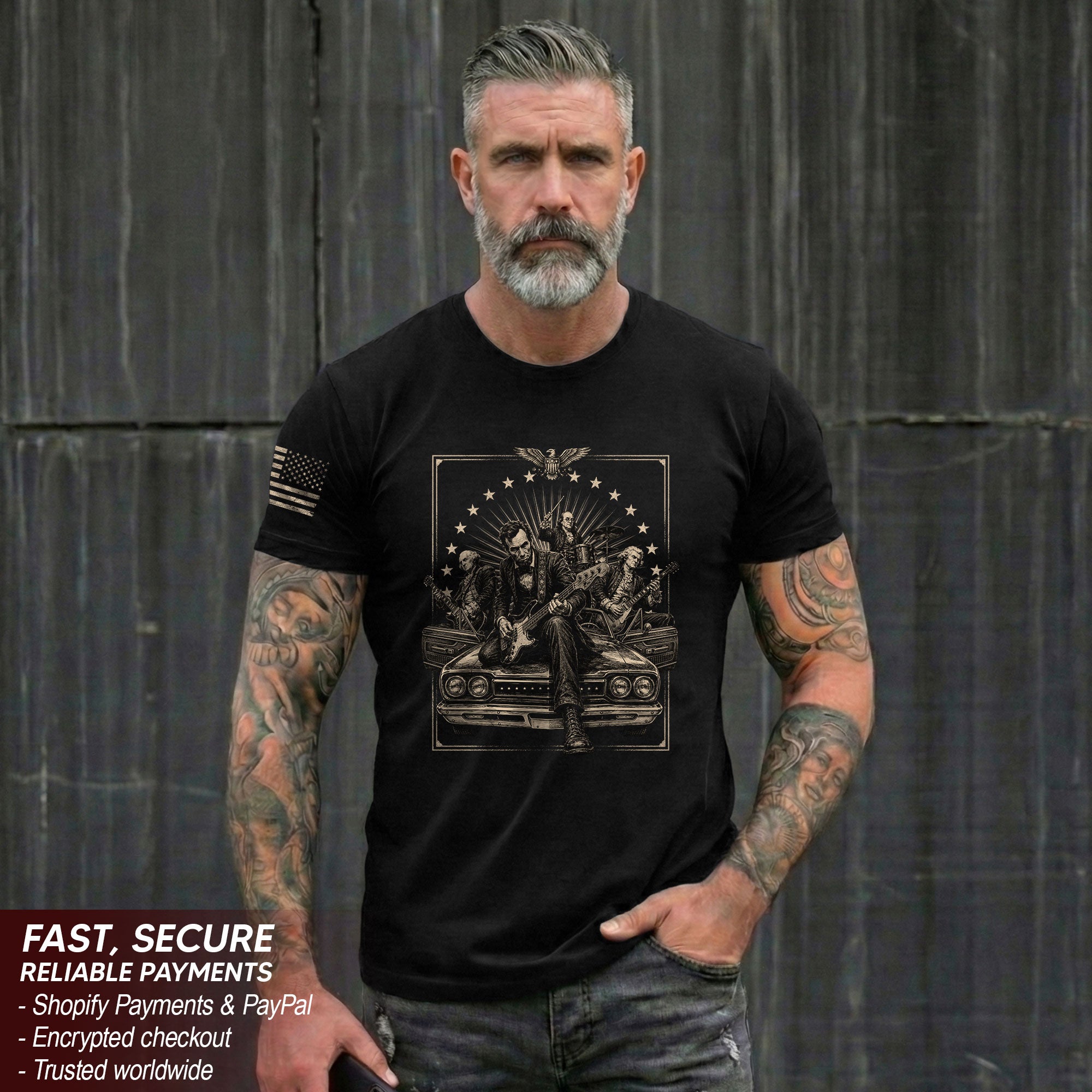 Lincoln Playing Guitar Vintage Shirt Patriotic Rock Music Graphic Sleeve Tee Gift