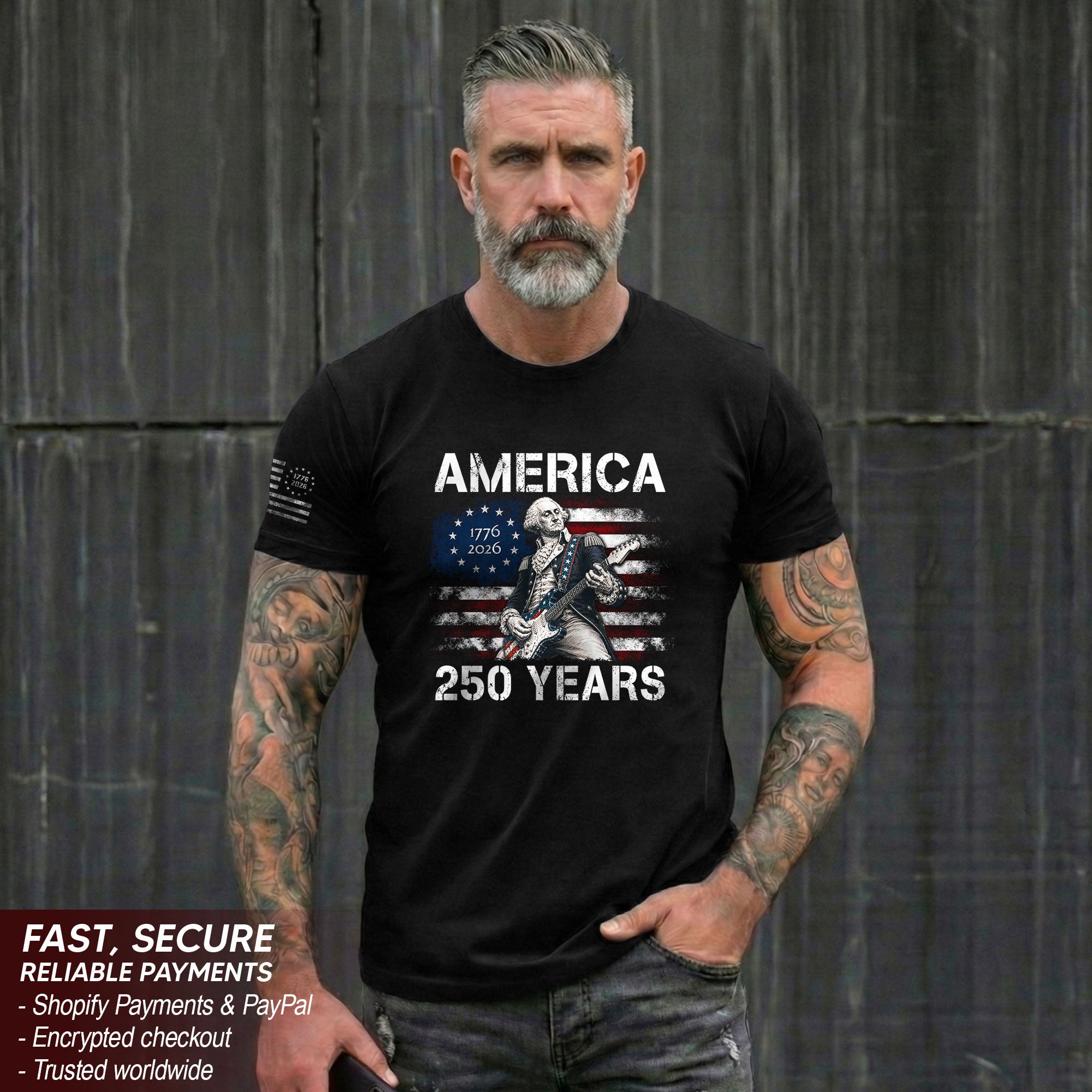 America 250 Years George Washington Playing Guitar Patriotic Flag Independence Shirt