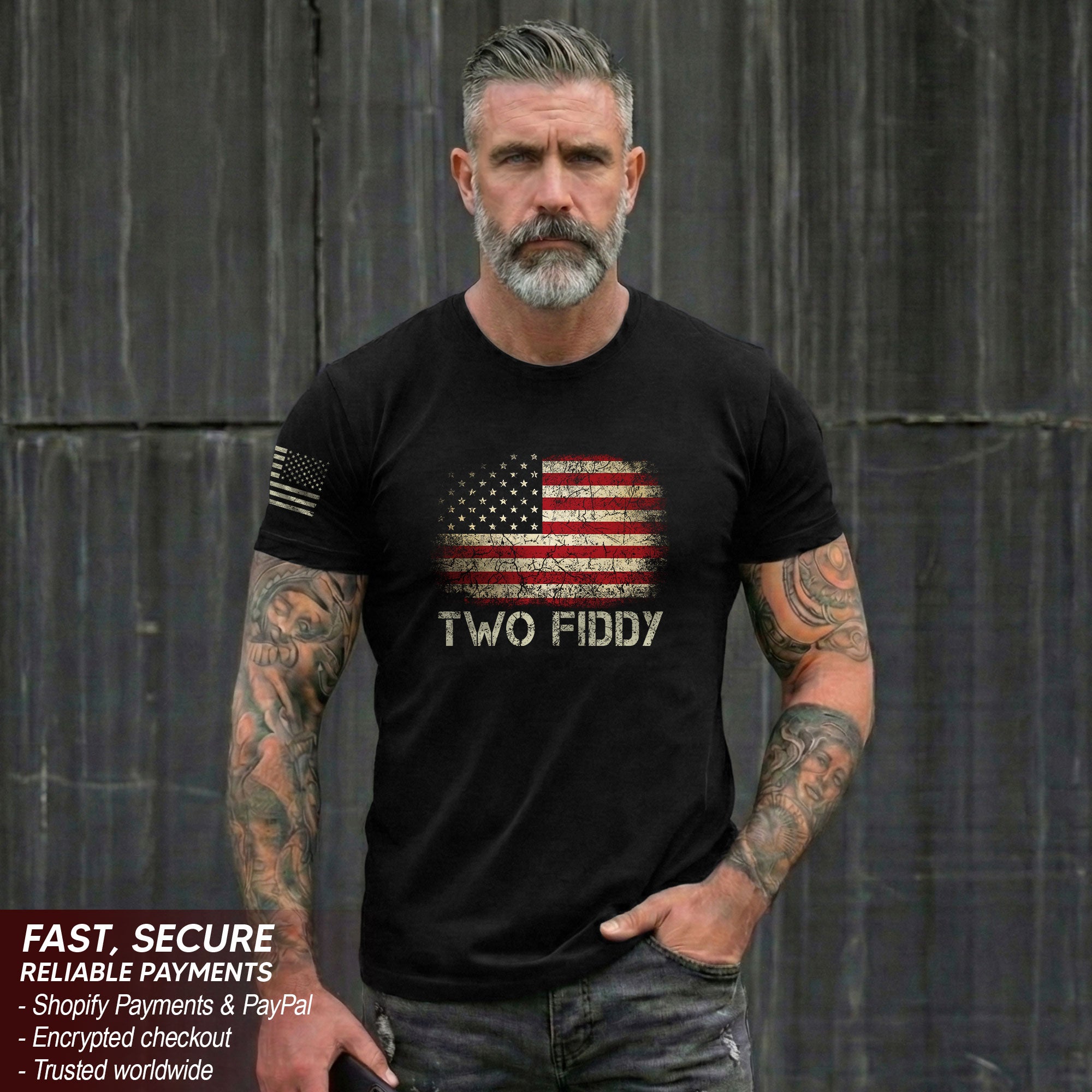 Two Fiddy Graphic T-Shirt Distressed American Flag Print Casual Cotton Short Sleeve Tee