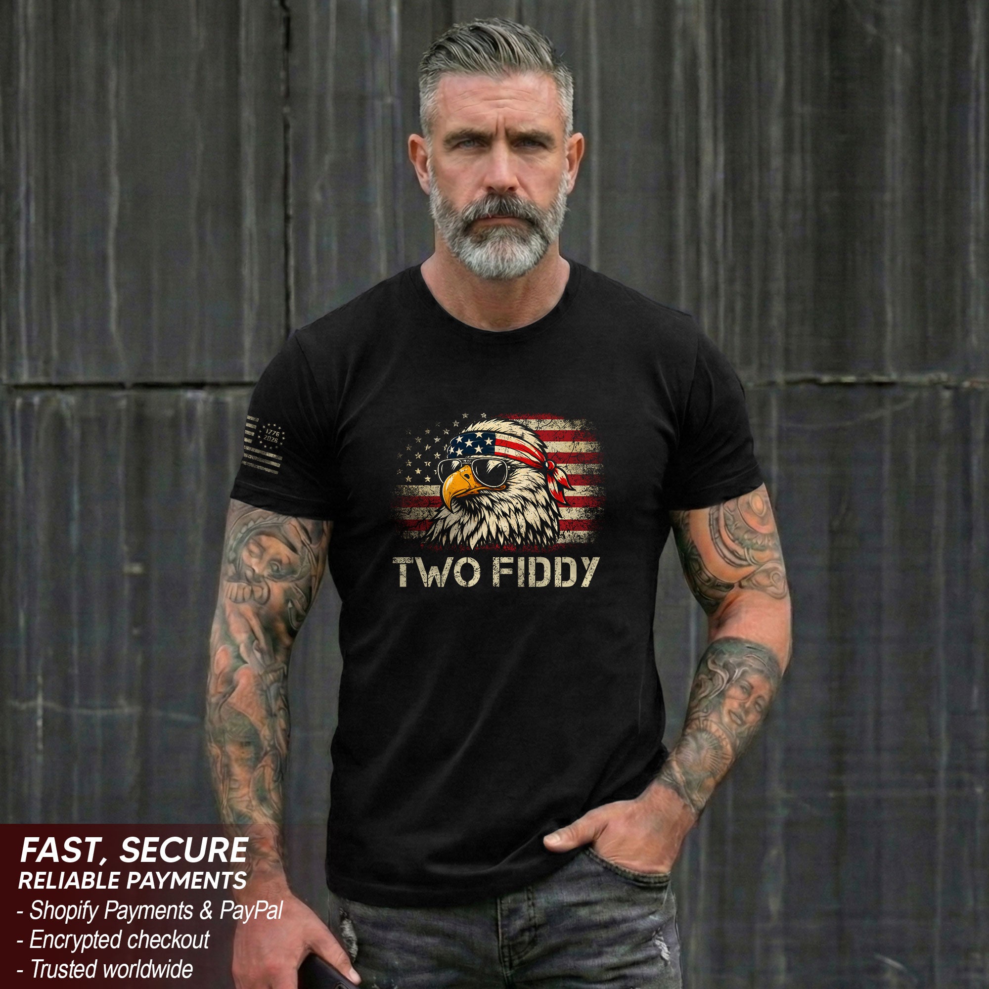 Two Fiddy Eagle Graphic T-Shirt - Vintage American Heritage Patriotic Celebration Tee
