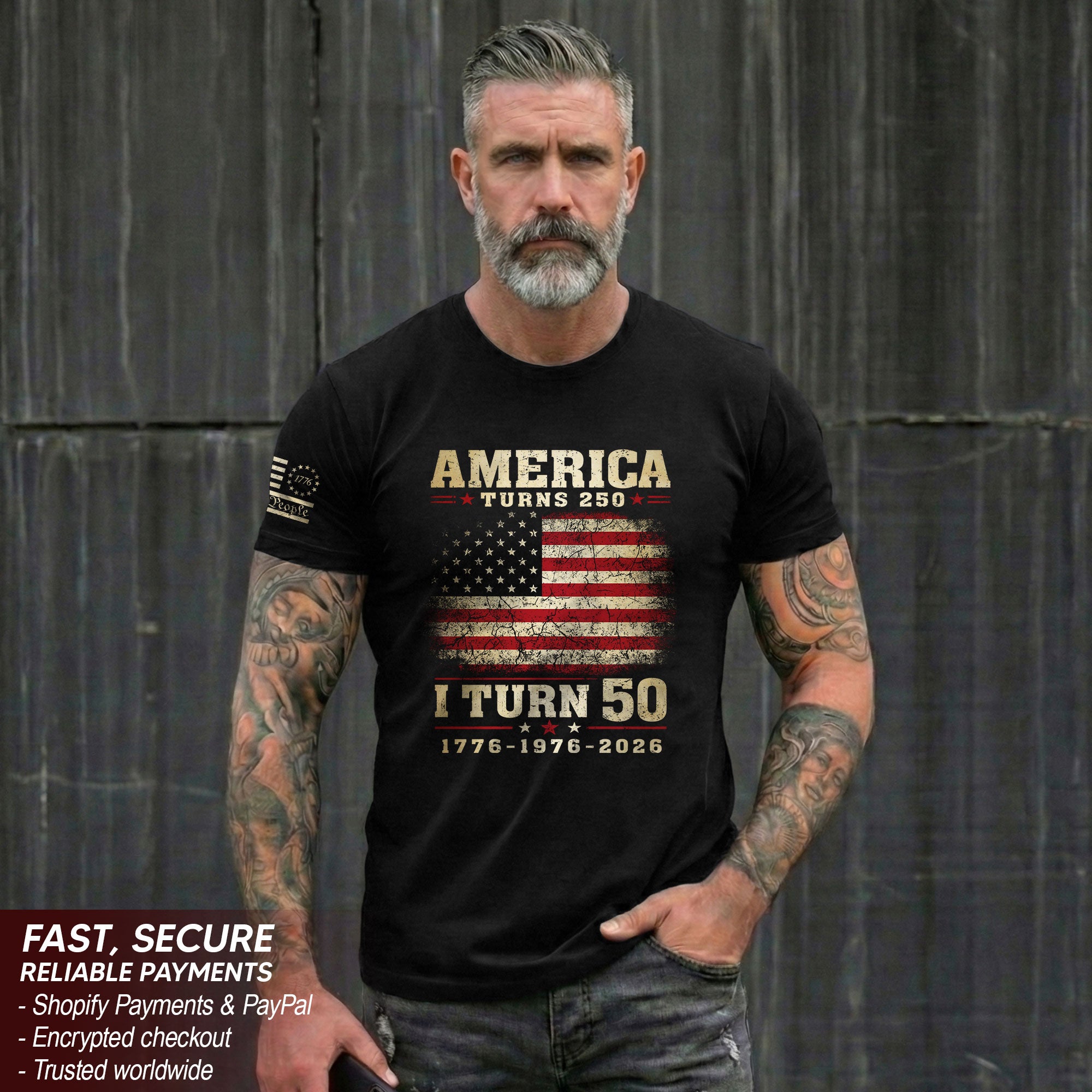 Patriotic 1776 2026 Birthday Tee Celebrating America Turns 250 And I Turn 50 Graphic Shirt