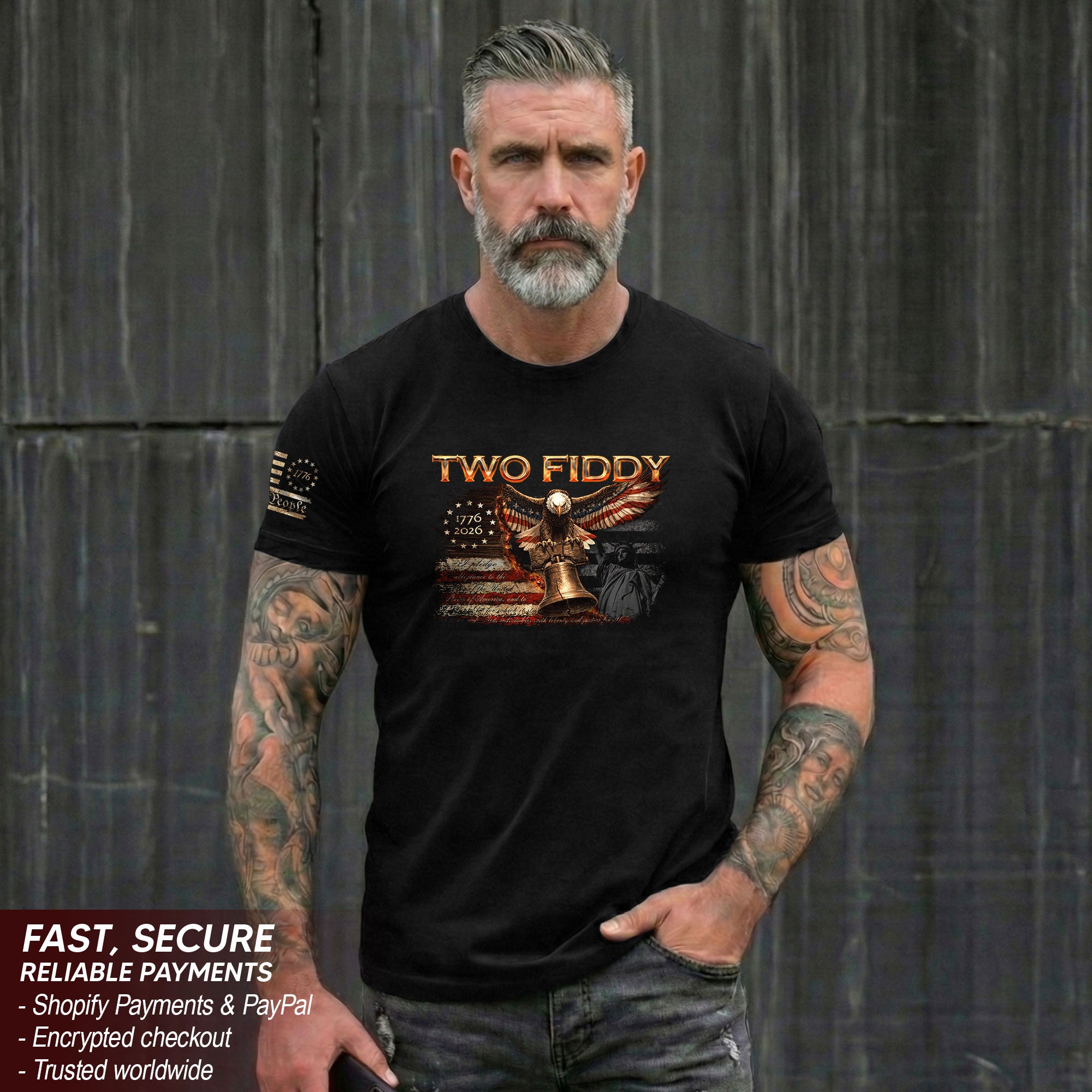 Two Fiddy 1776 2026 Patriotic Graphic Tee Eagle And Liberty Bell Heritage Style Shirt