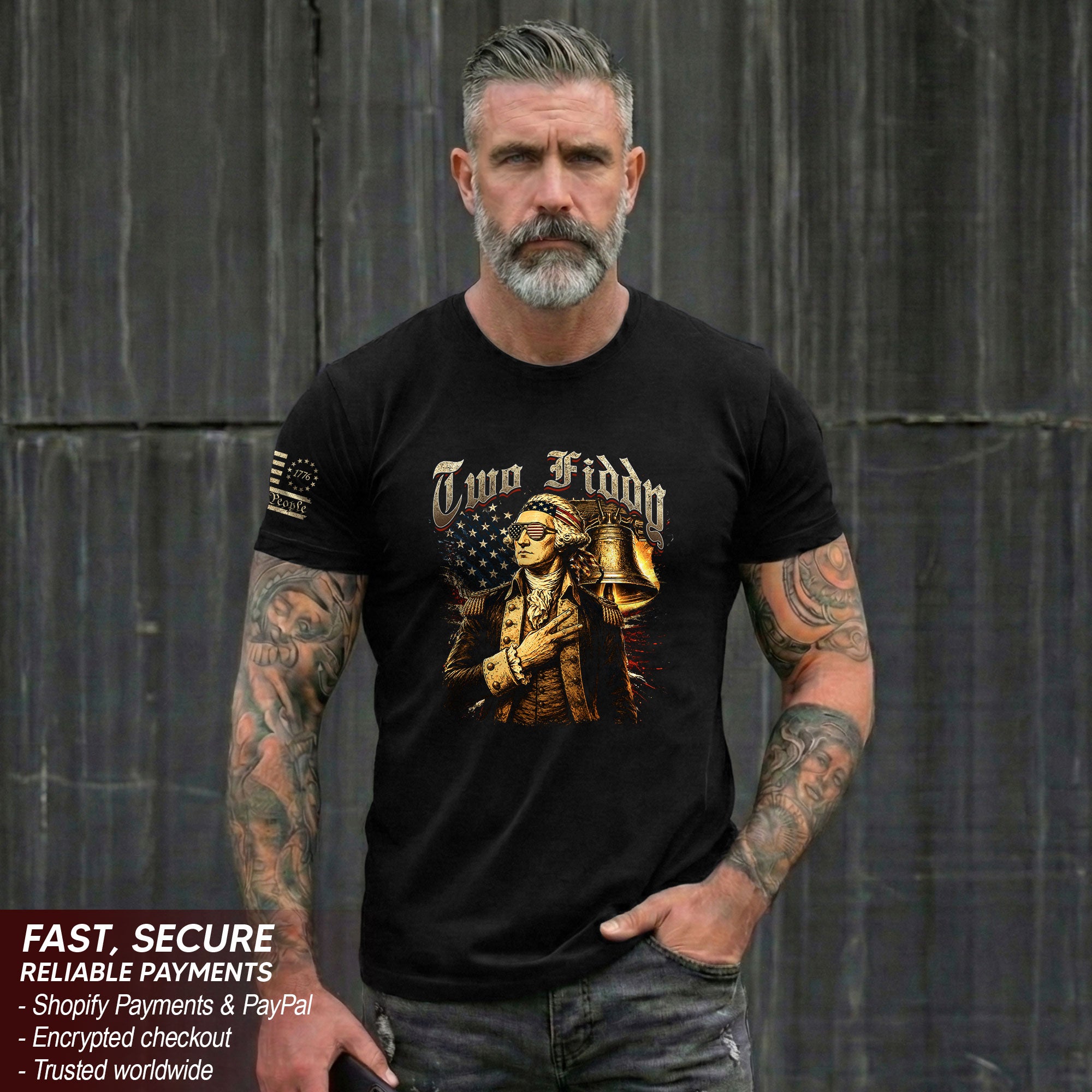 Two Fiddy George Washington Patriotic Graphic Tee Liberty Bell Heritage Style Shirt