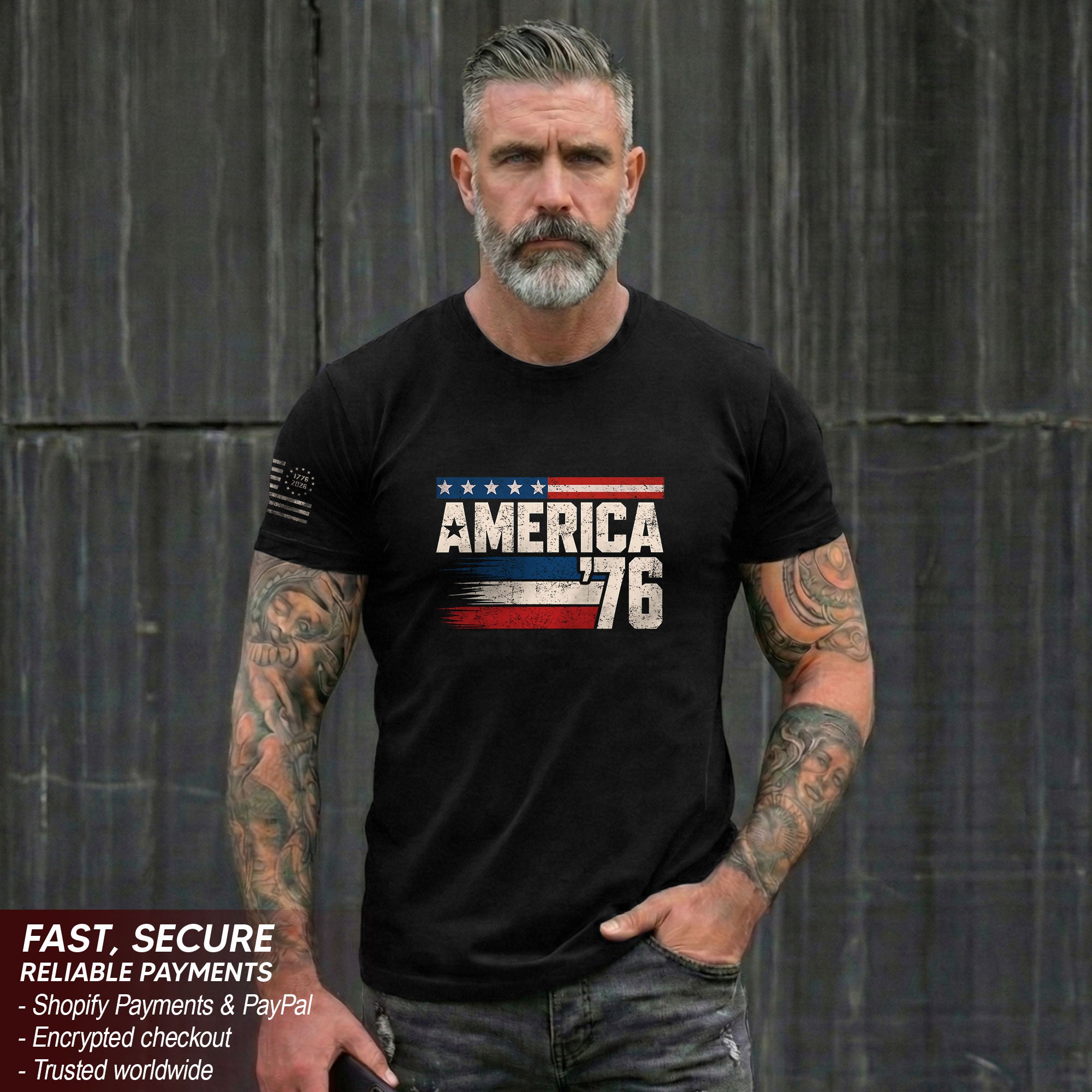 America '76 Graphic Tee Vintage Flag Design Patriotic Style Casual Mens Statement Shirt