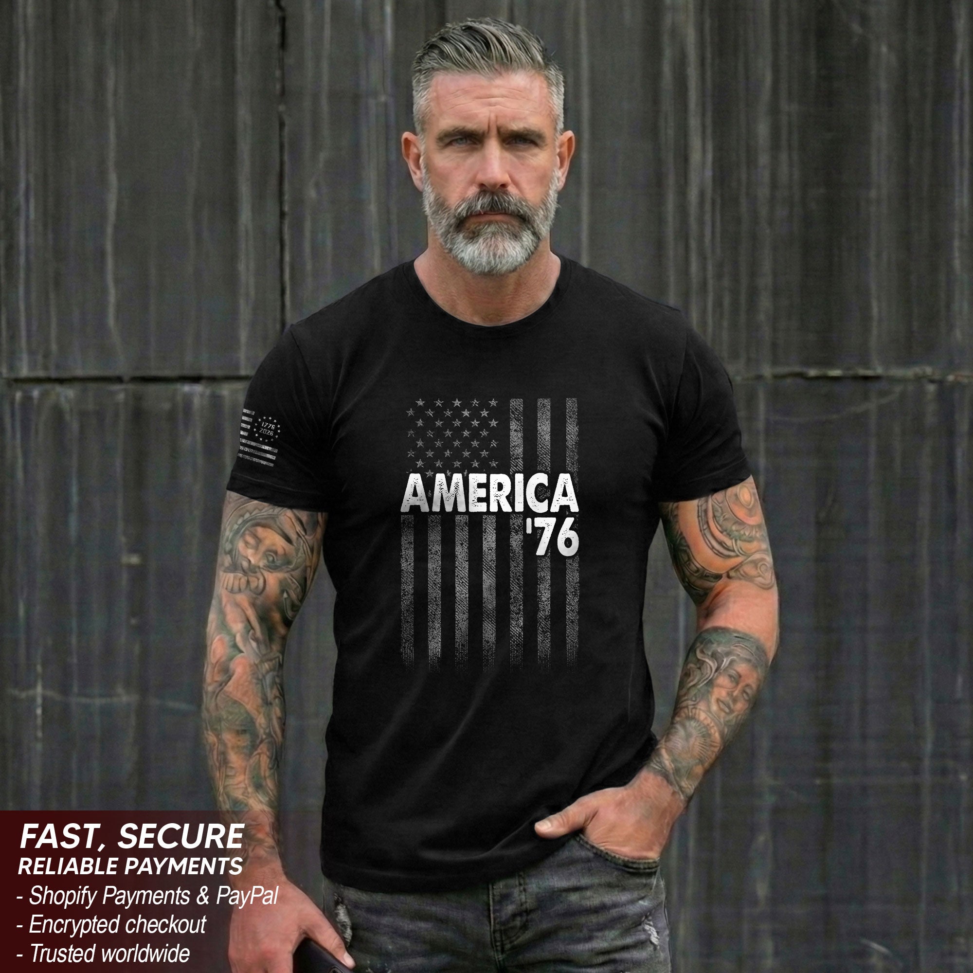 America '76 Graphic T Shirt Distressed Flag Design Patriotic Casual Mens Apparel Shirt