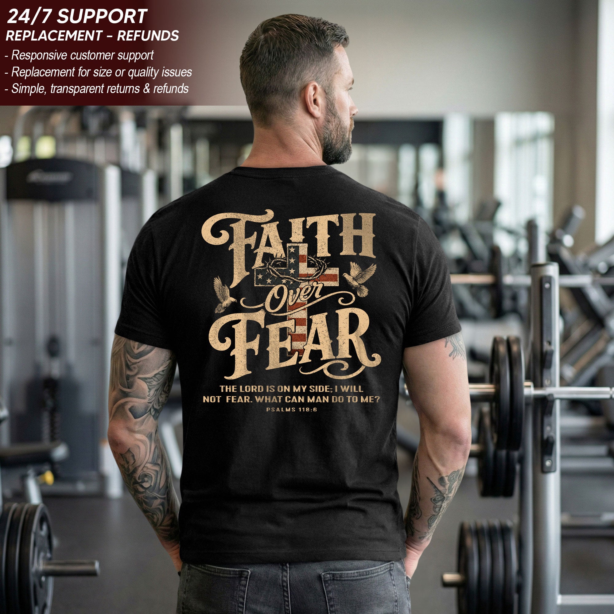 Faith Over Fear Christian Shirt Psalm 118:6 Patriotic Religious Graphic Faith Tee