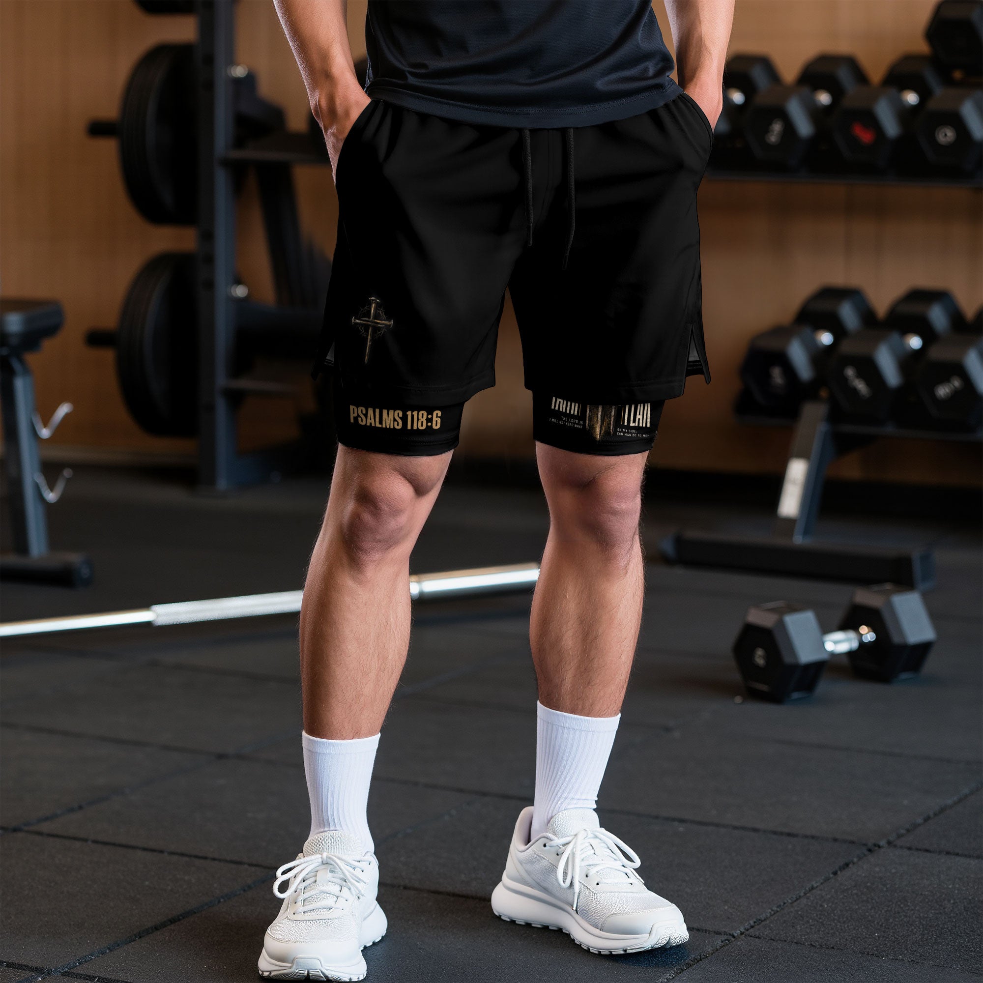 Psalms 118:6 Faith Over Fear Men's Double Layer Track Shorts - Christian Nail Cross Shorts