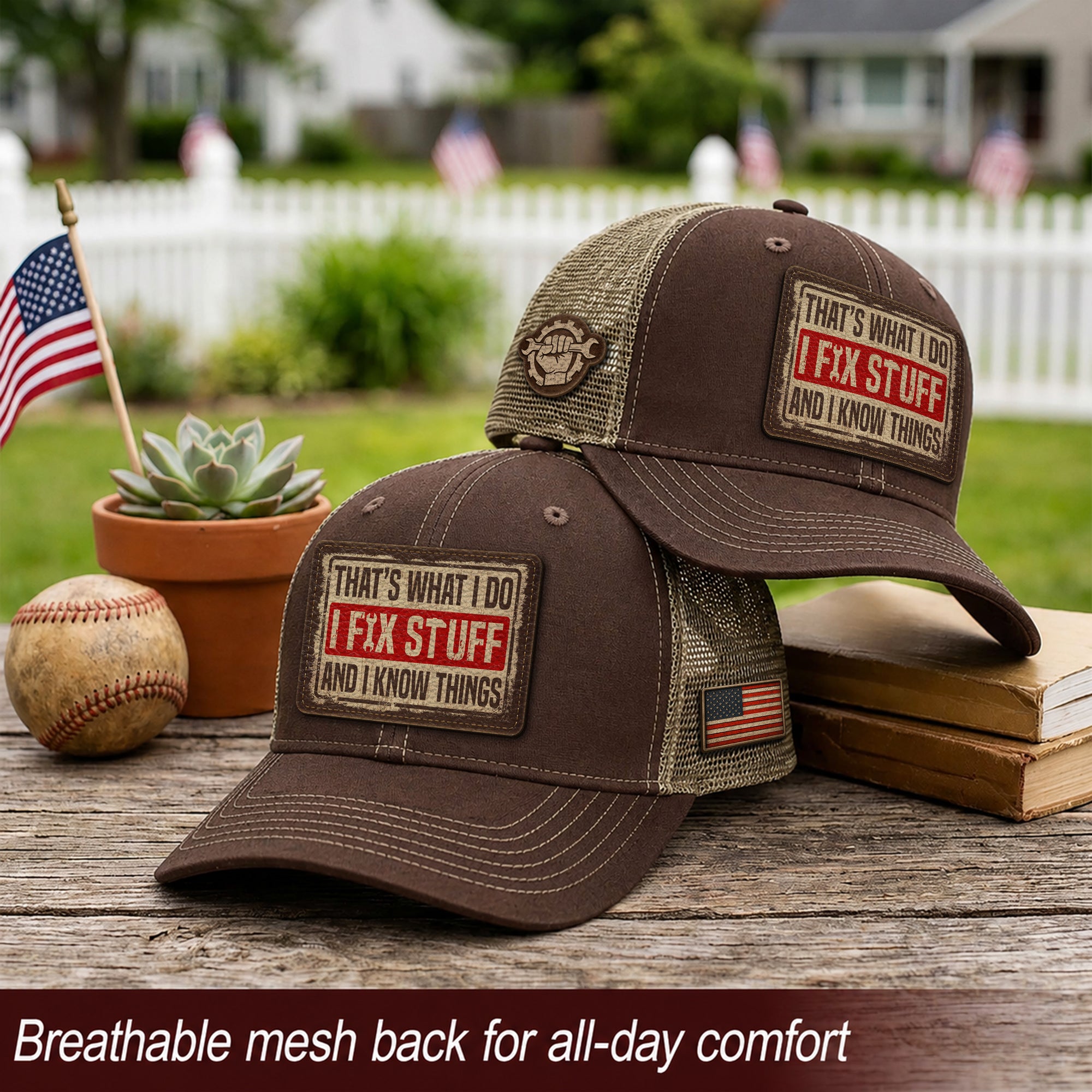 Brown I Fix Stuff And I Know Things Funny Mechanic Men Patch Trucker Hat Casual