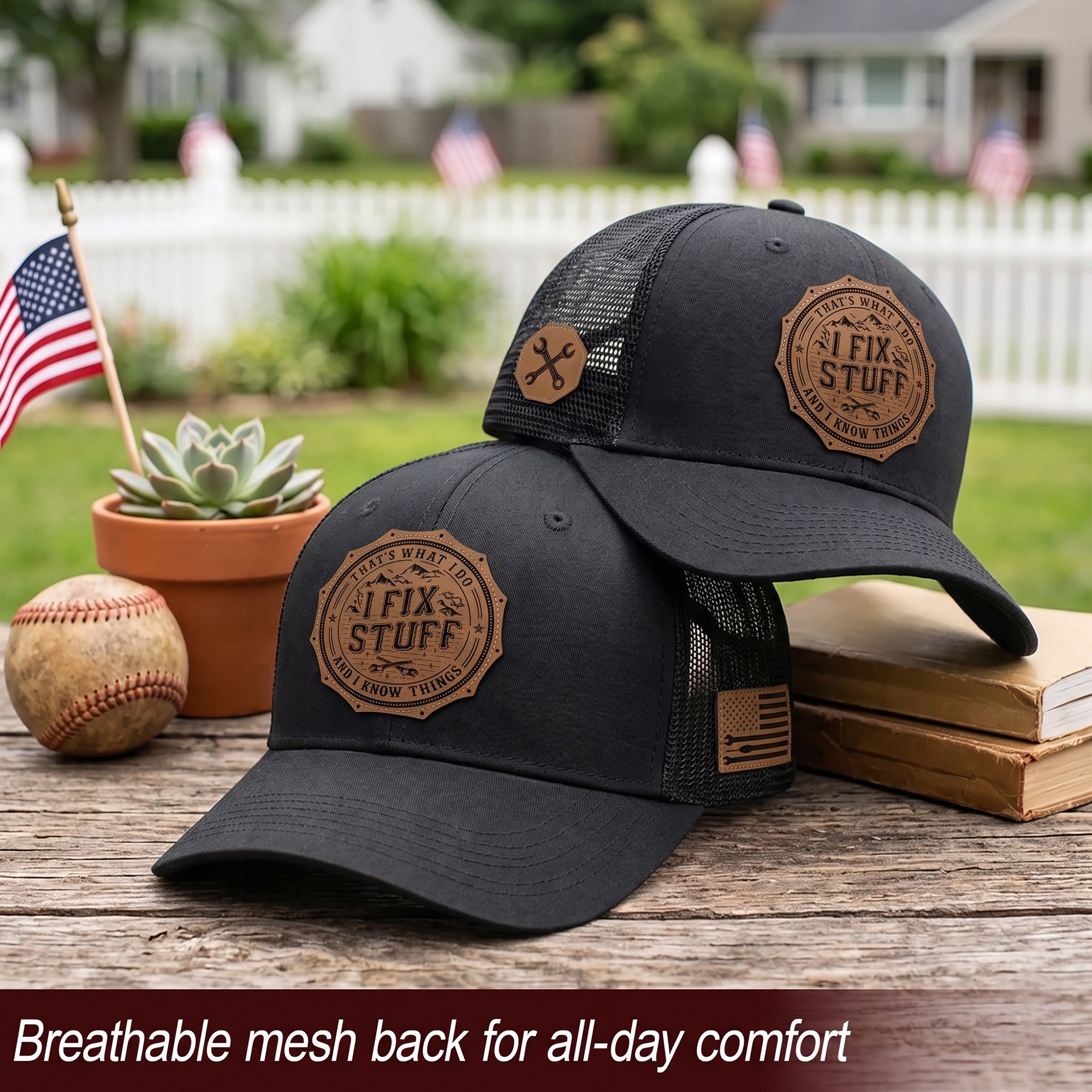 That's What I Do I Fix Stuff Round Leather Patch Black Trucker Hat Handyman Gift