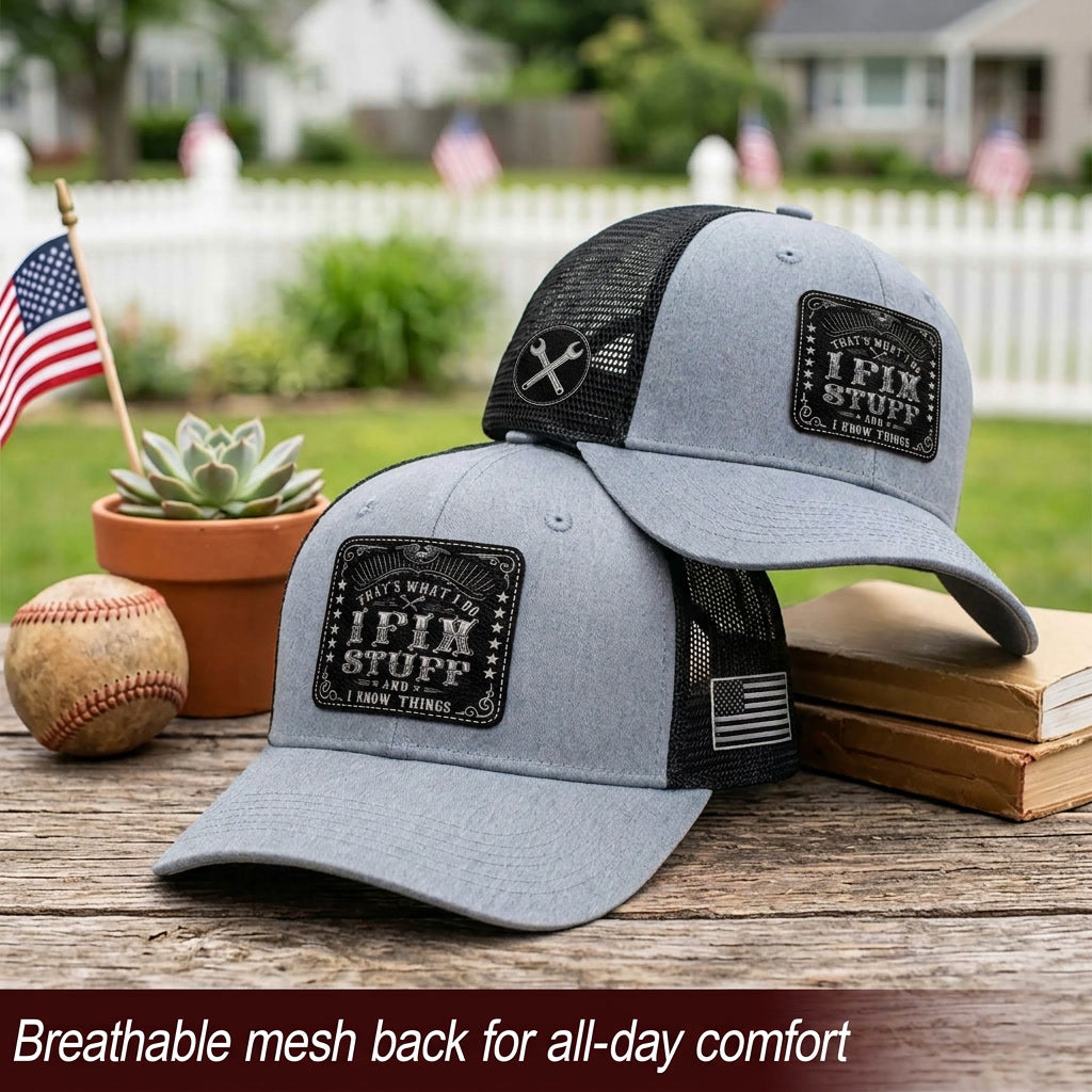That's What I Do I Fix Stuff Vintage Patch Grey Trucker Hat Cool Handyman Gift Idea