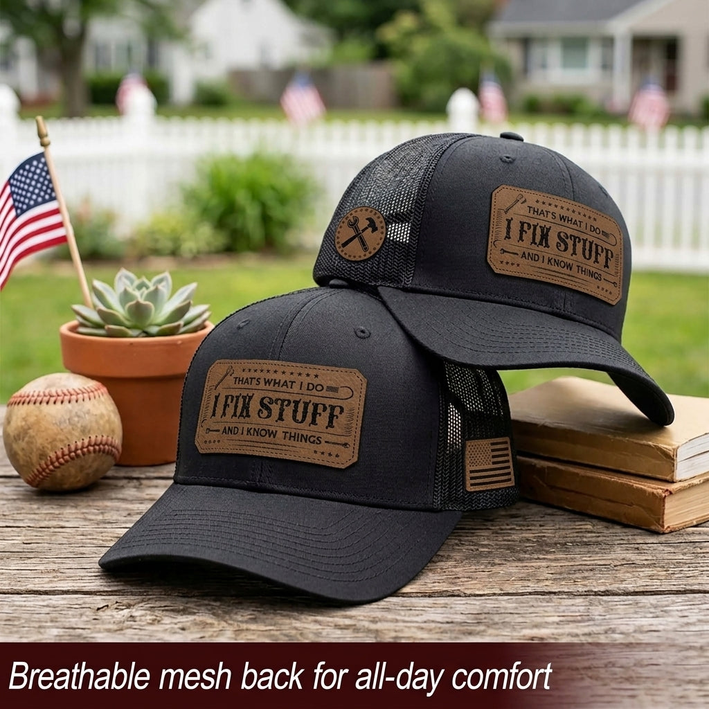 That's What I Do I Fix Stuff Leather Patch Black Trucker Hat Cool Handyman Gift Idea