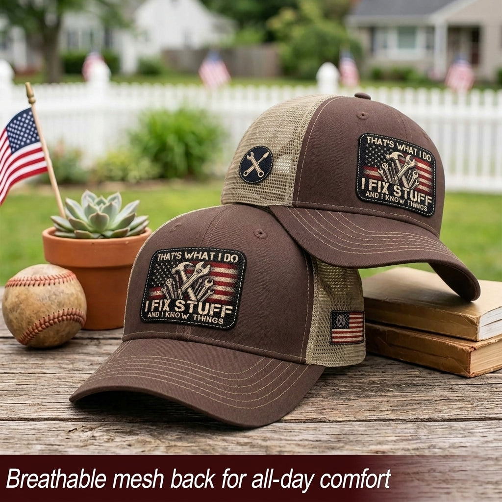 That's What I Do I Fix Stuff American Flag Brown Trucker Hat Cool Handyman Gift Idea