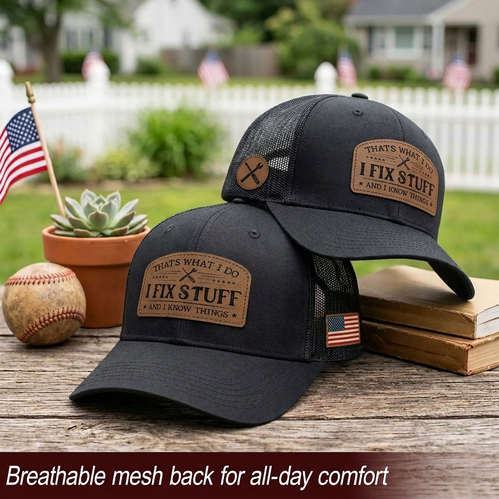 That's What I Do I Fix Stuff Leather Patch Black Trucker Cap Handy Dad Gift Idea