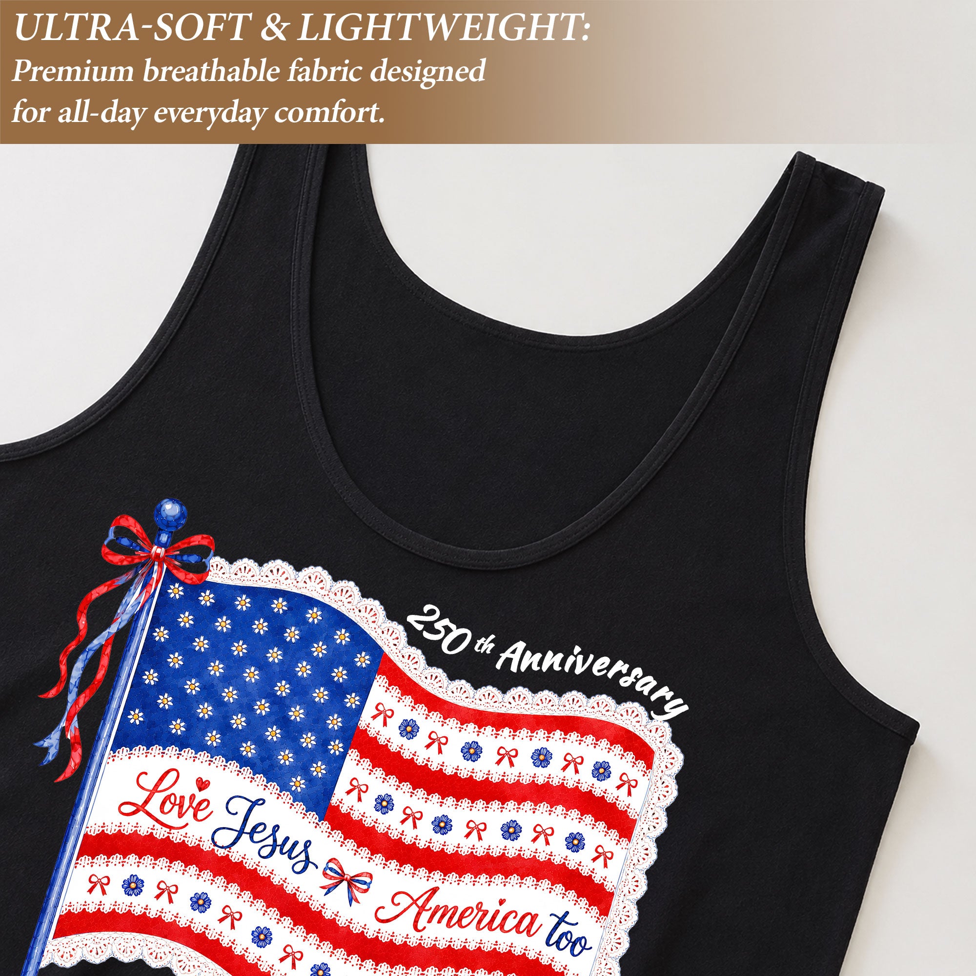 Women's Patriotic Tank Top "Love Jesus & America Too" 250th Anniversary Flag Shirt