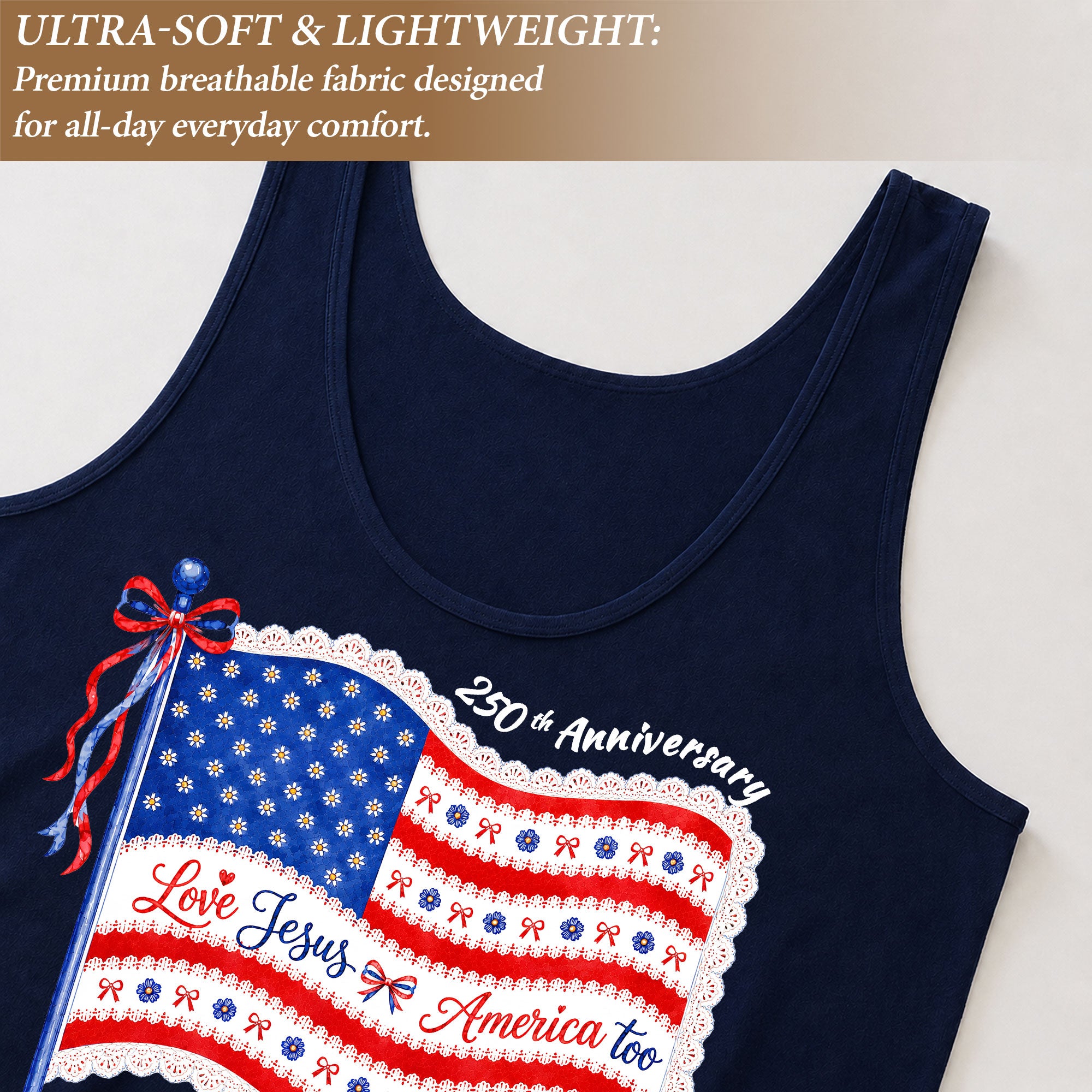 Women's Patriotic Tank Top "Love Jesus & America Too" 250th Anniversary Flag Shirt