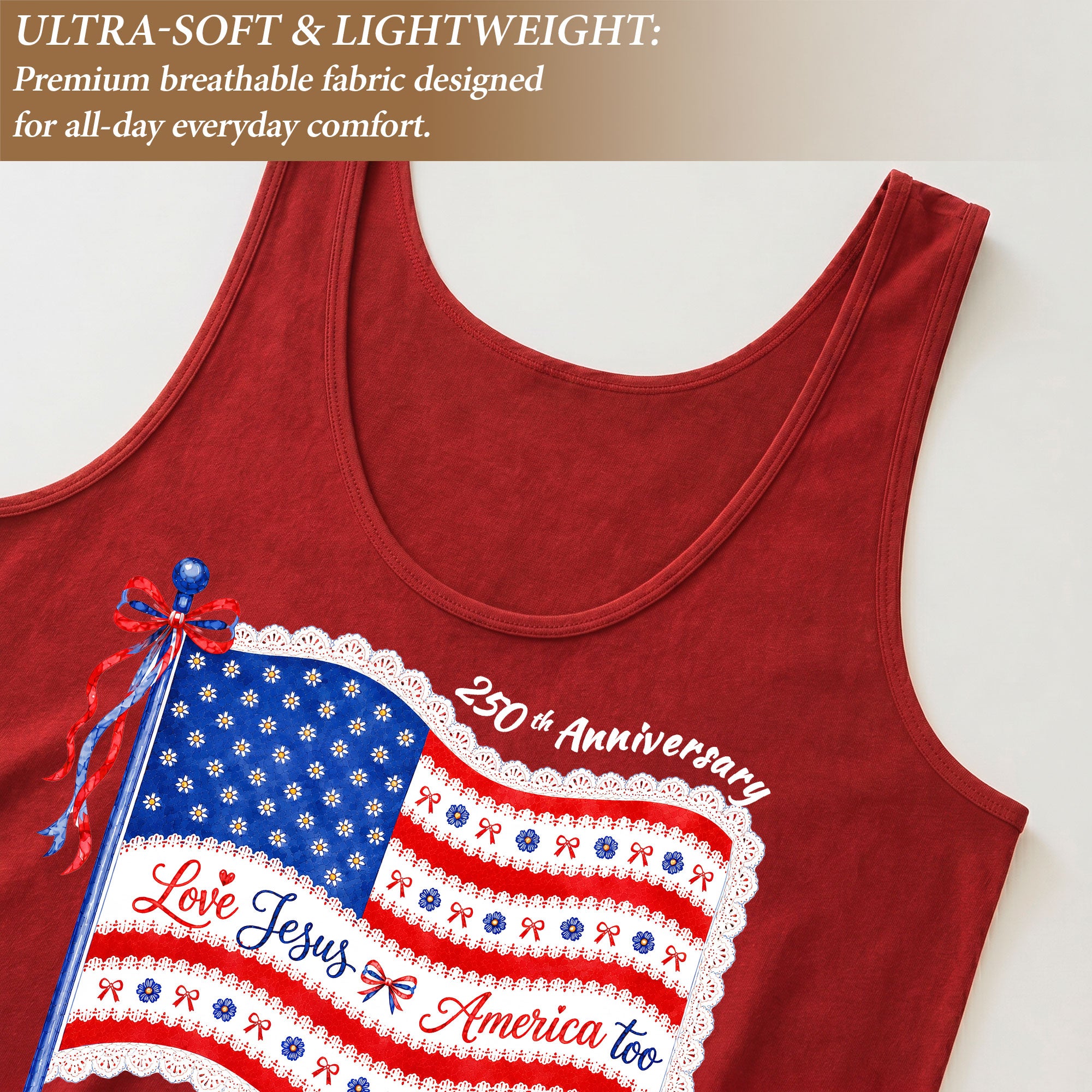 Women's Patriotic Tank Top "Love Jesus & America Too" 250th Anniversary Flag Shirt