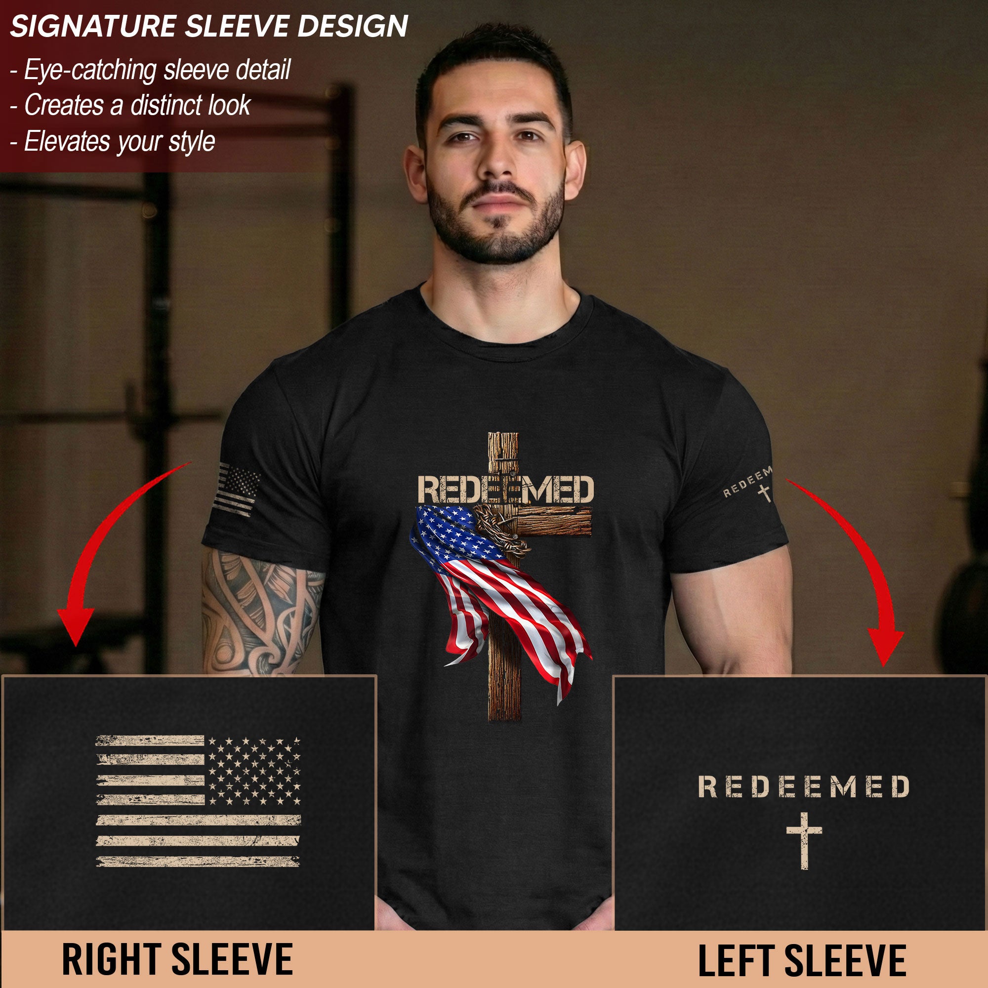 Redeemed by Christ T-Shirt – American Flag Cross