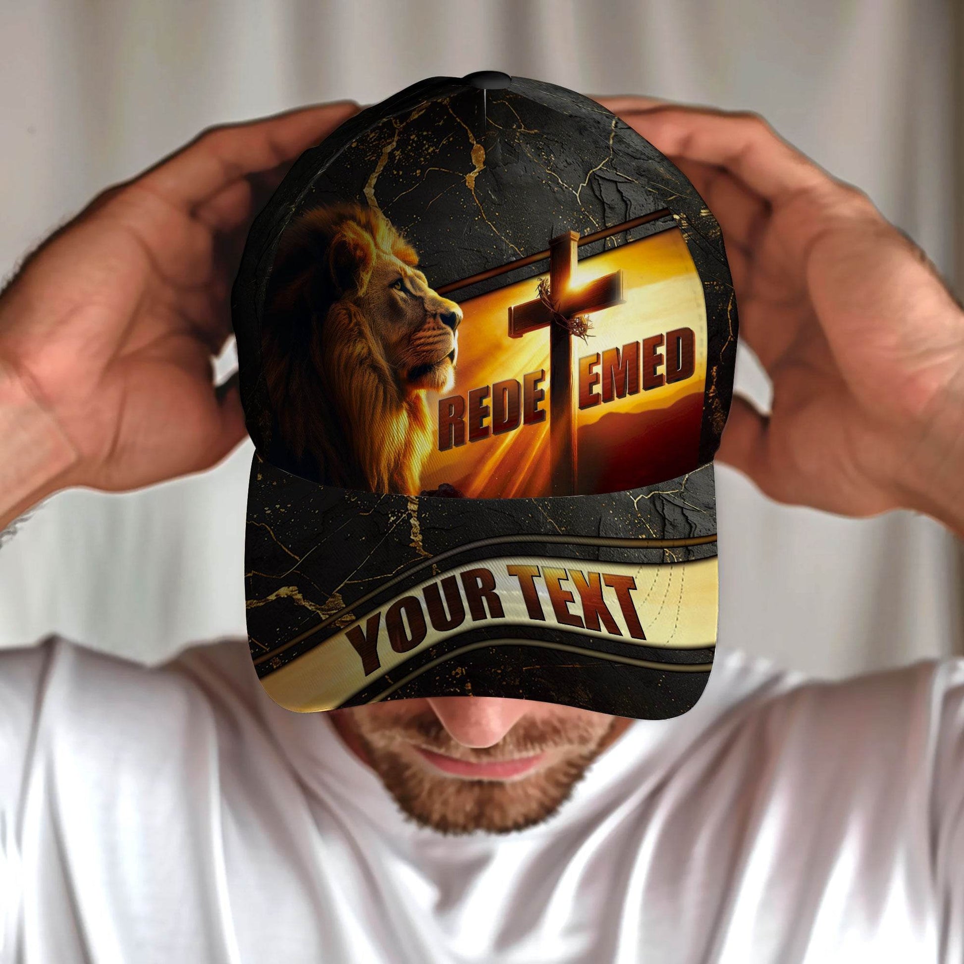 REDEEMED – Lion & Cross Sunset Christian Customized Hat - Rust Field Wear