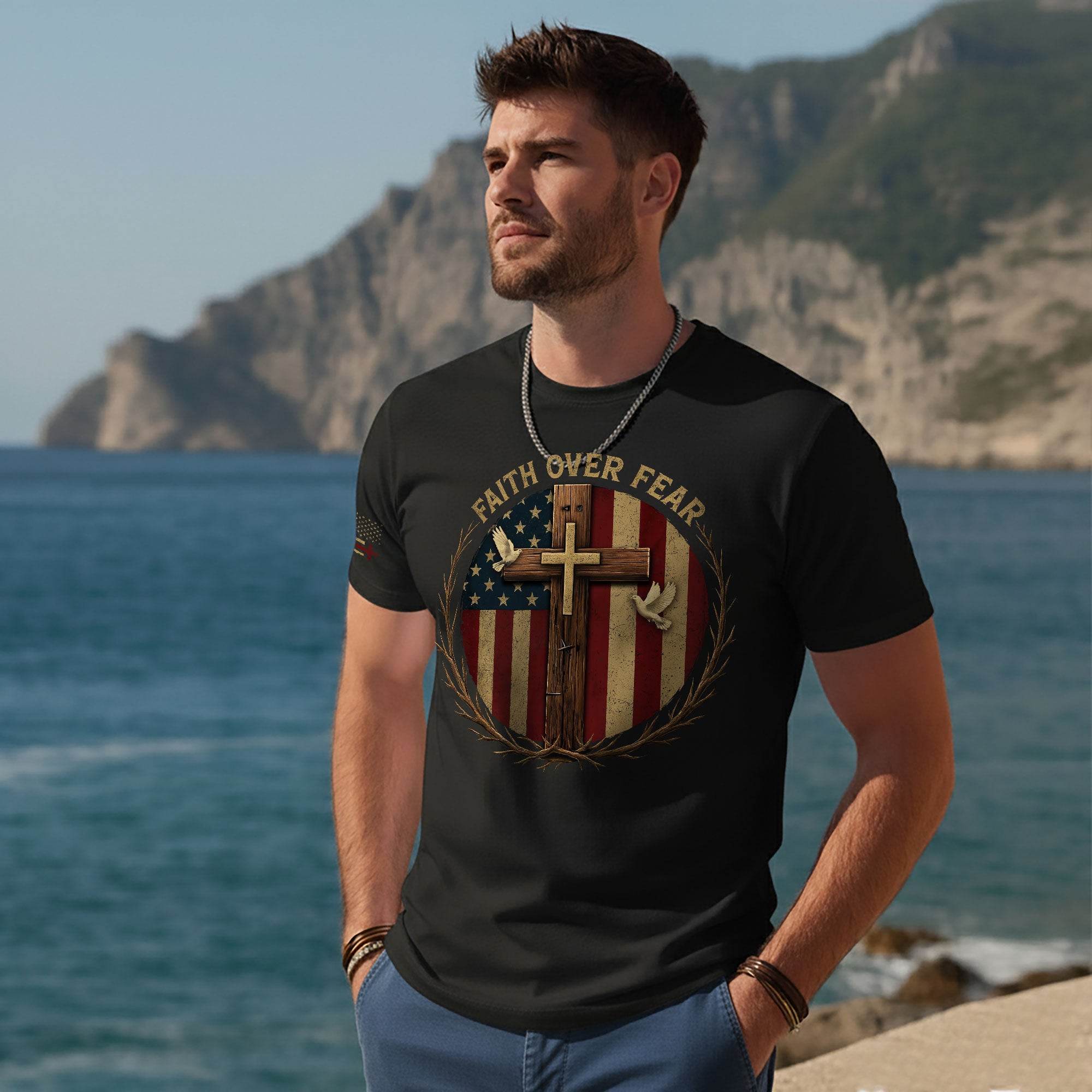 Faith Over Fear American Flag Cross Christian T-Shirt - Rust Field Wear