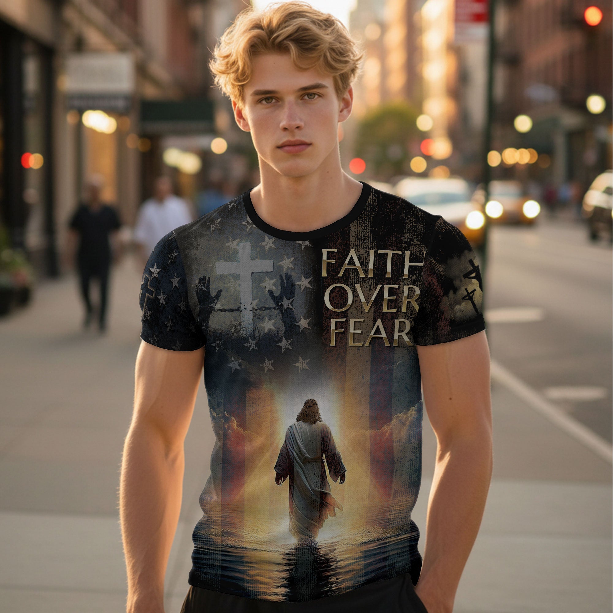 Faith Over Fear Jesus Walks On Water Christian Patriotic T-Shirt