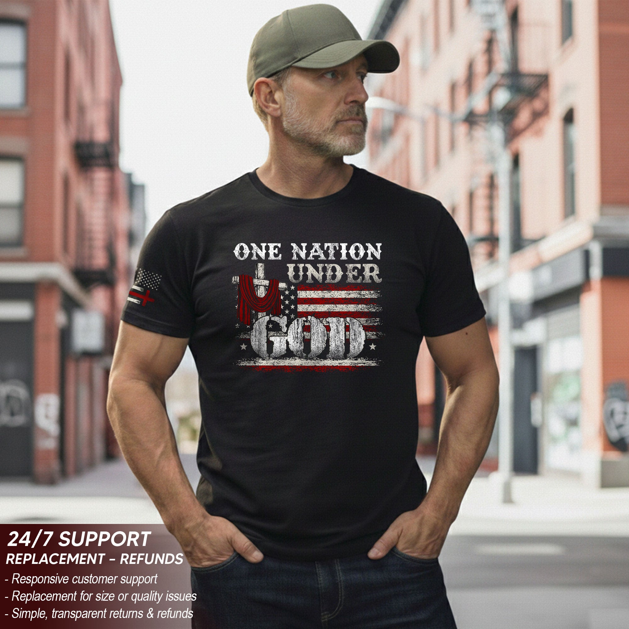 One Nation Under God T-Shirt – Cross & American Flag