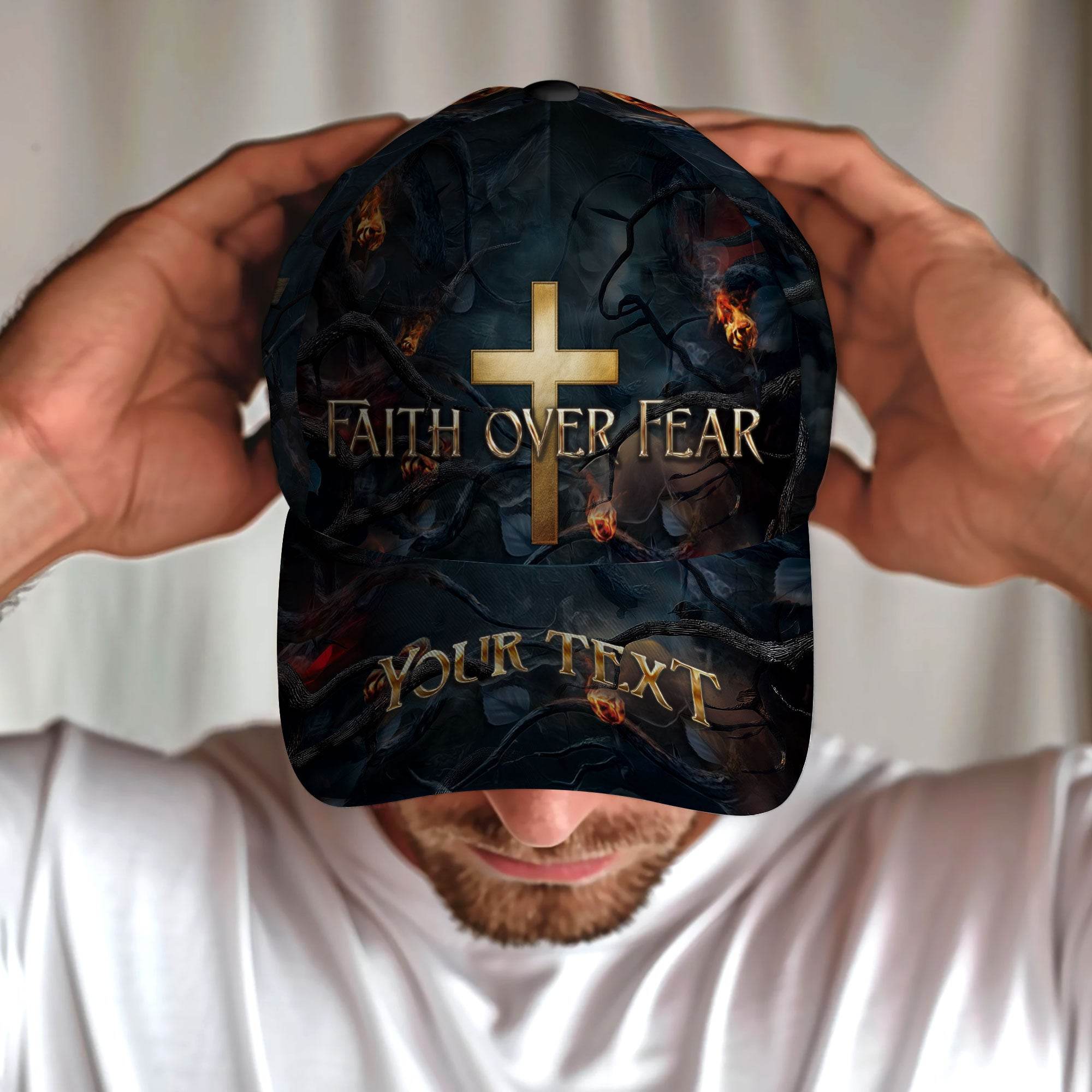 Faith Over Fear Hat – Custom Christian Cap with Gold Cross - Rust Field Wear
