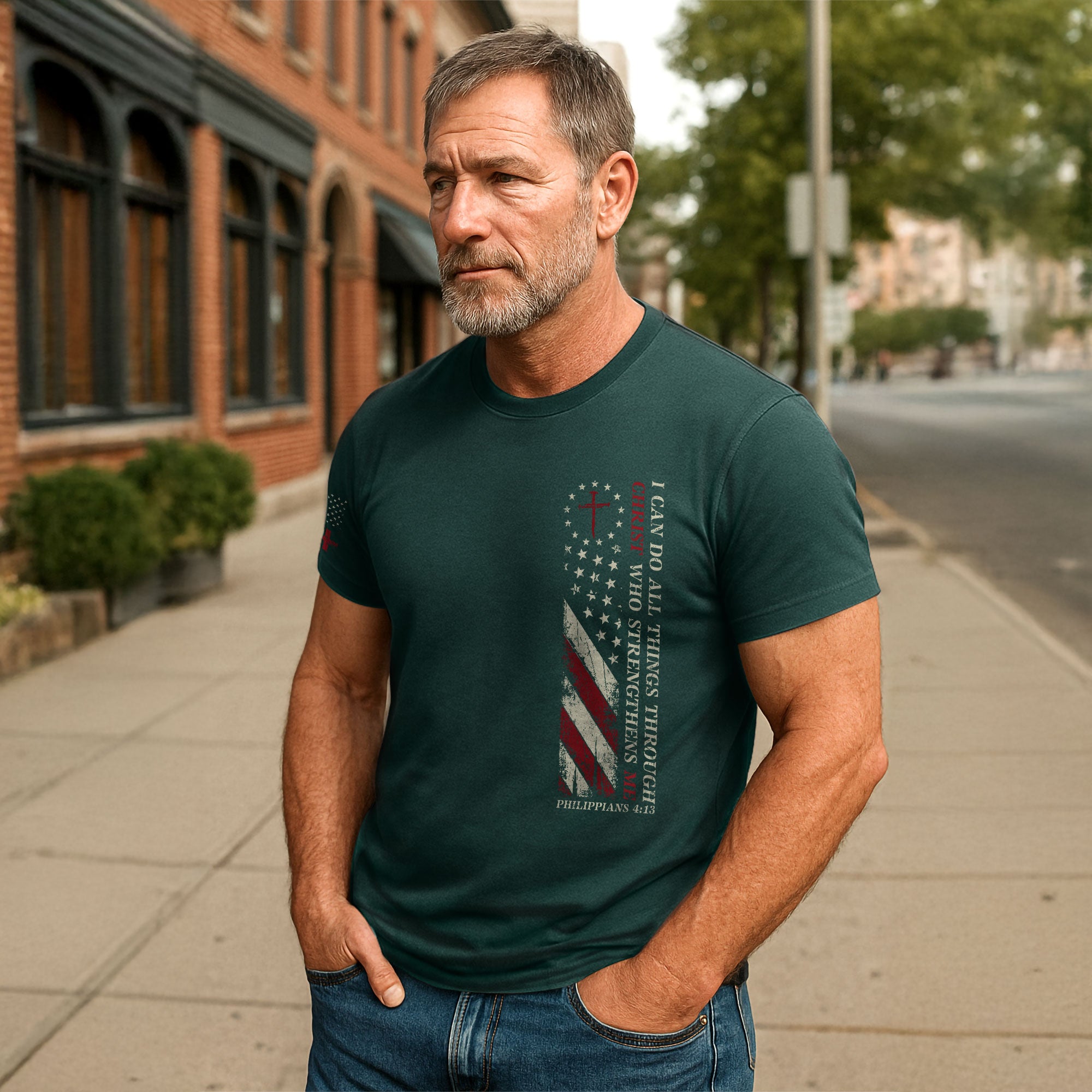 Philippians 4:13 Shirt – I Can Do All Things Through Christ American Flag Tee
