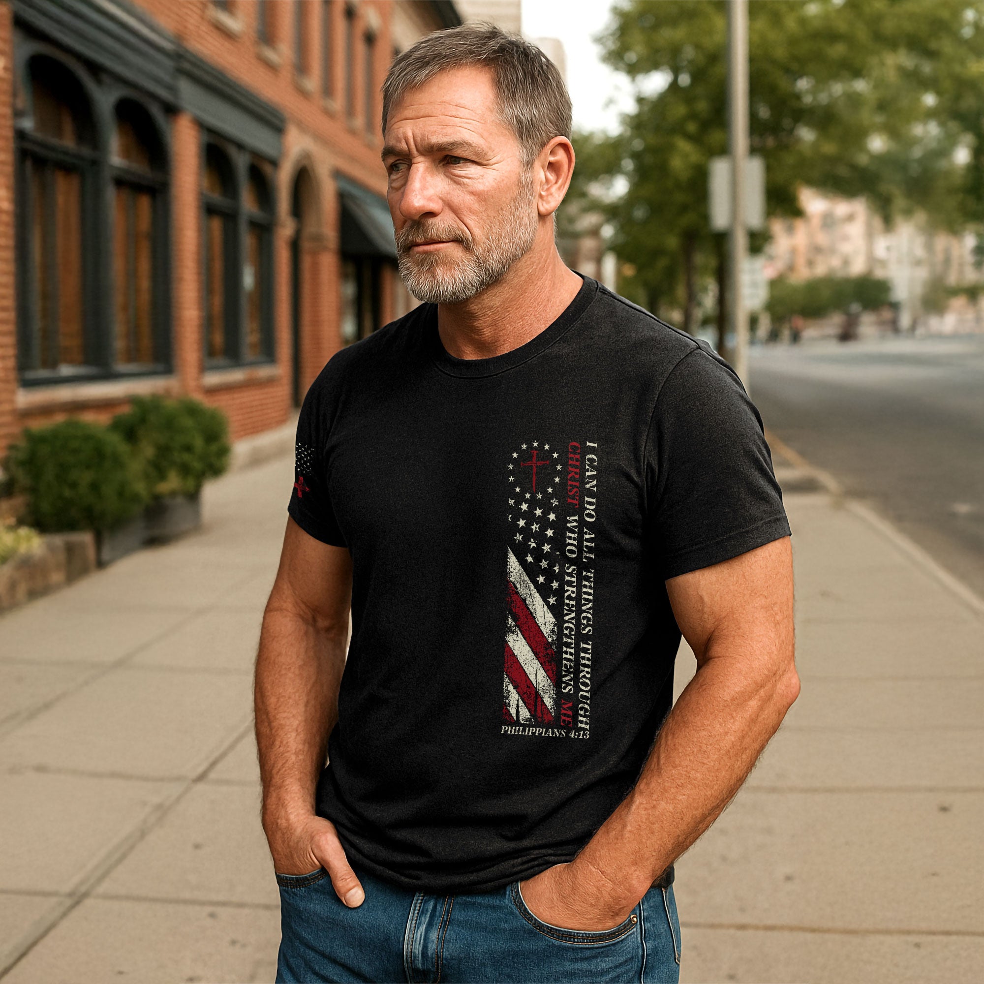 Philippians 4:13 Shirt – I Can Do All Things Through Christ American Flag Tee