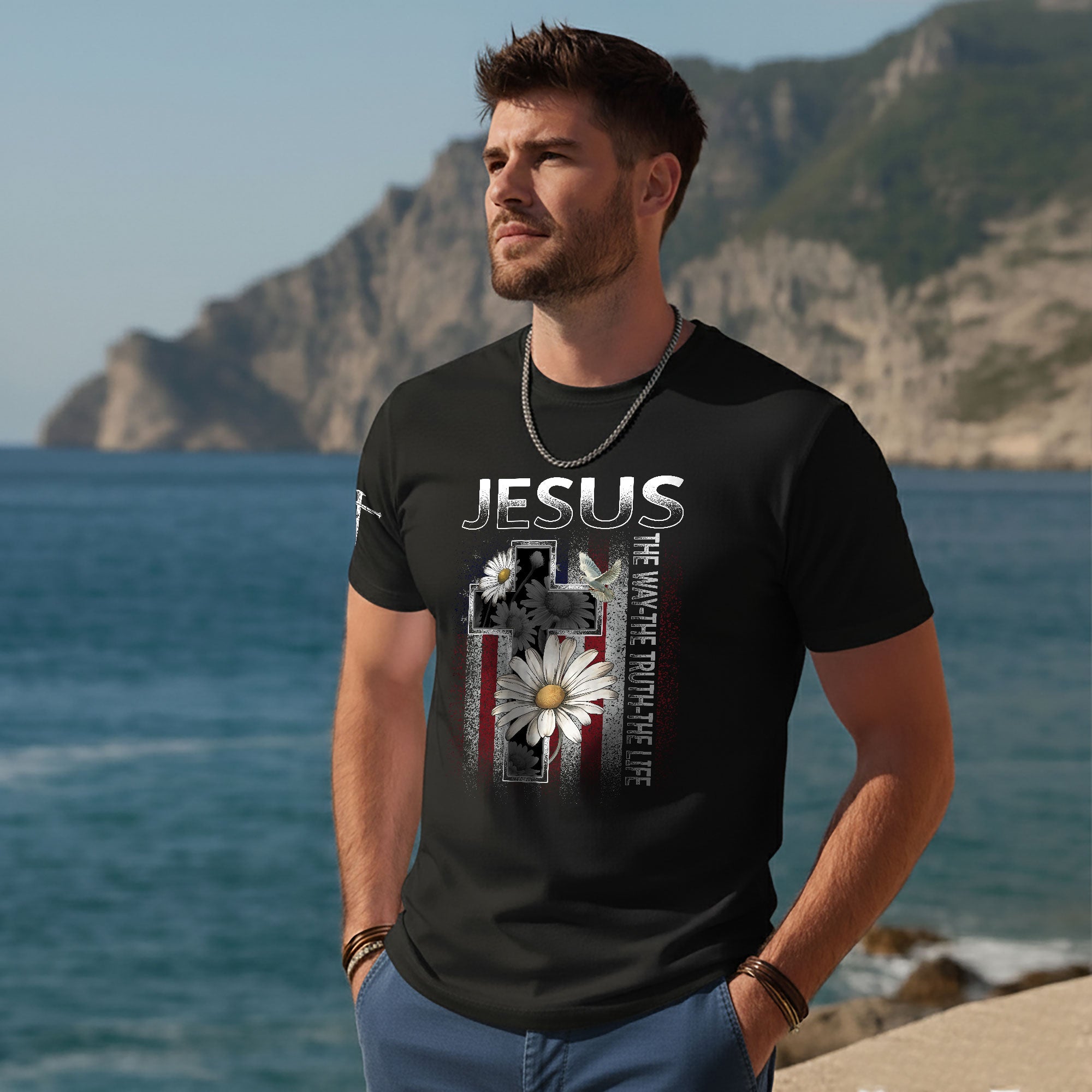 Jesus The Way The Truth The Life Shirt – Floral Cross USA Flag Christian Tee