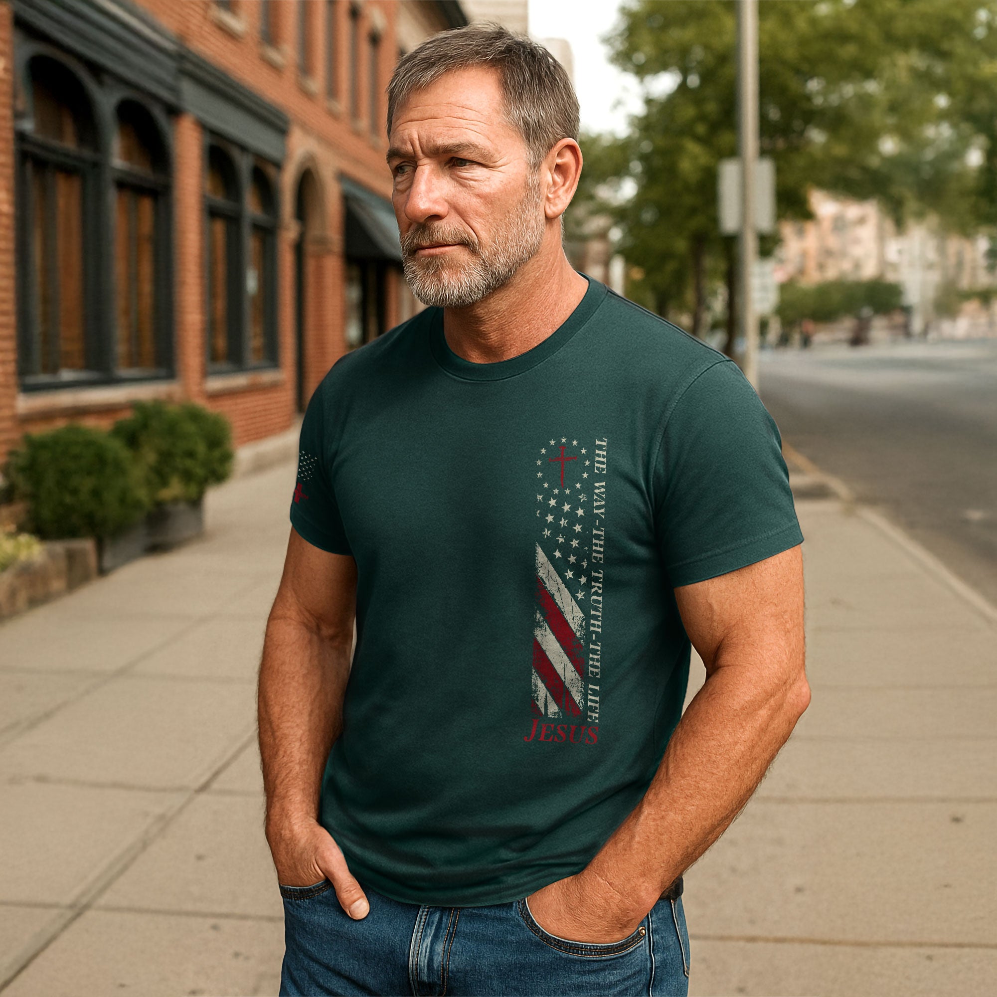 Jesus The Way The Truth The Life Shirt – USA Flag Cross 2-Sided Christian Tee