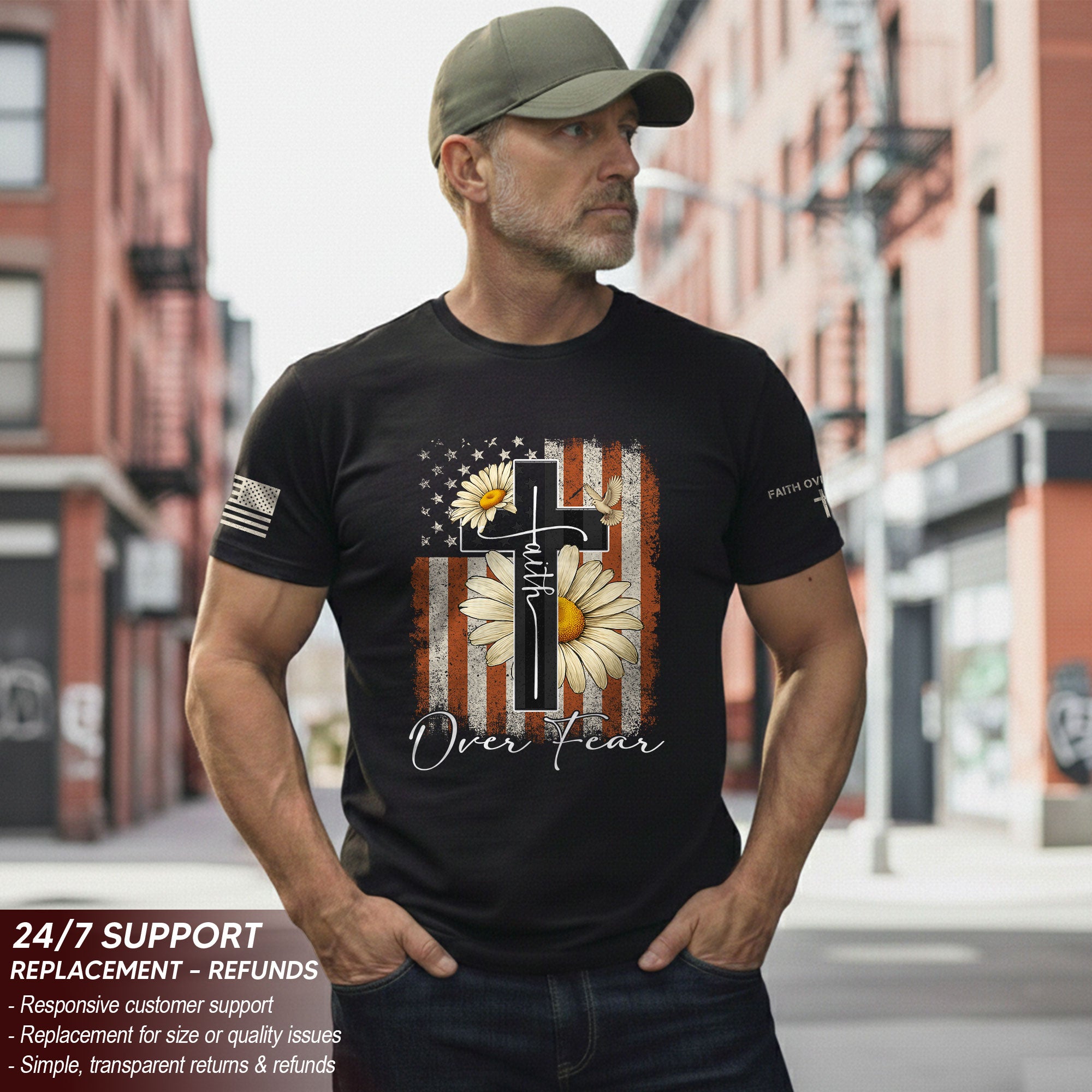 Faith Over Fear Shirt – Daisy Cross USA Flag Christian Tee