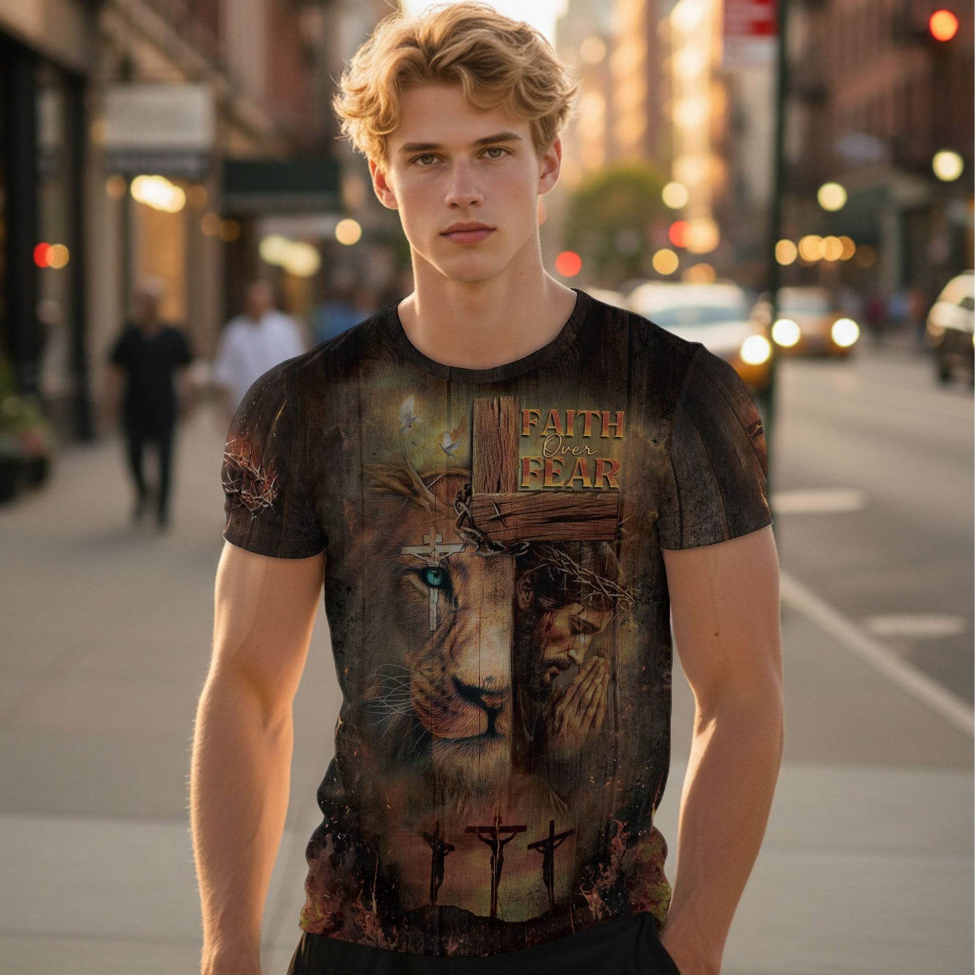 Faith Over Fear Lion & Cross Christian T-Shirt - Rust Field Wear