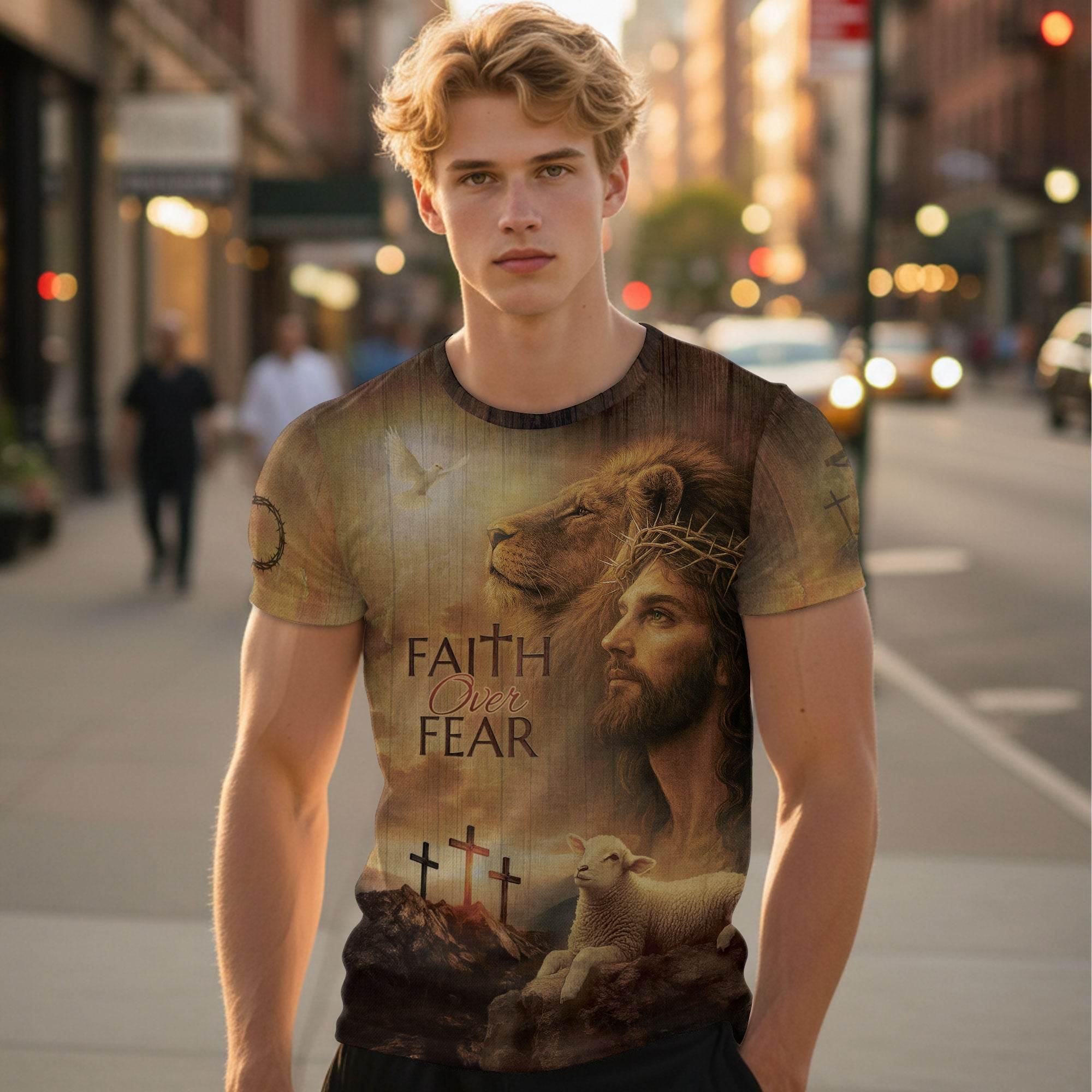 Faith Over Fear Lion, Jesus & Lamb T-Shirt - Rust Field Wear
