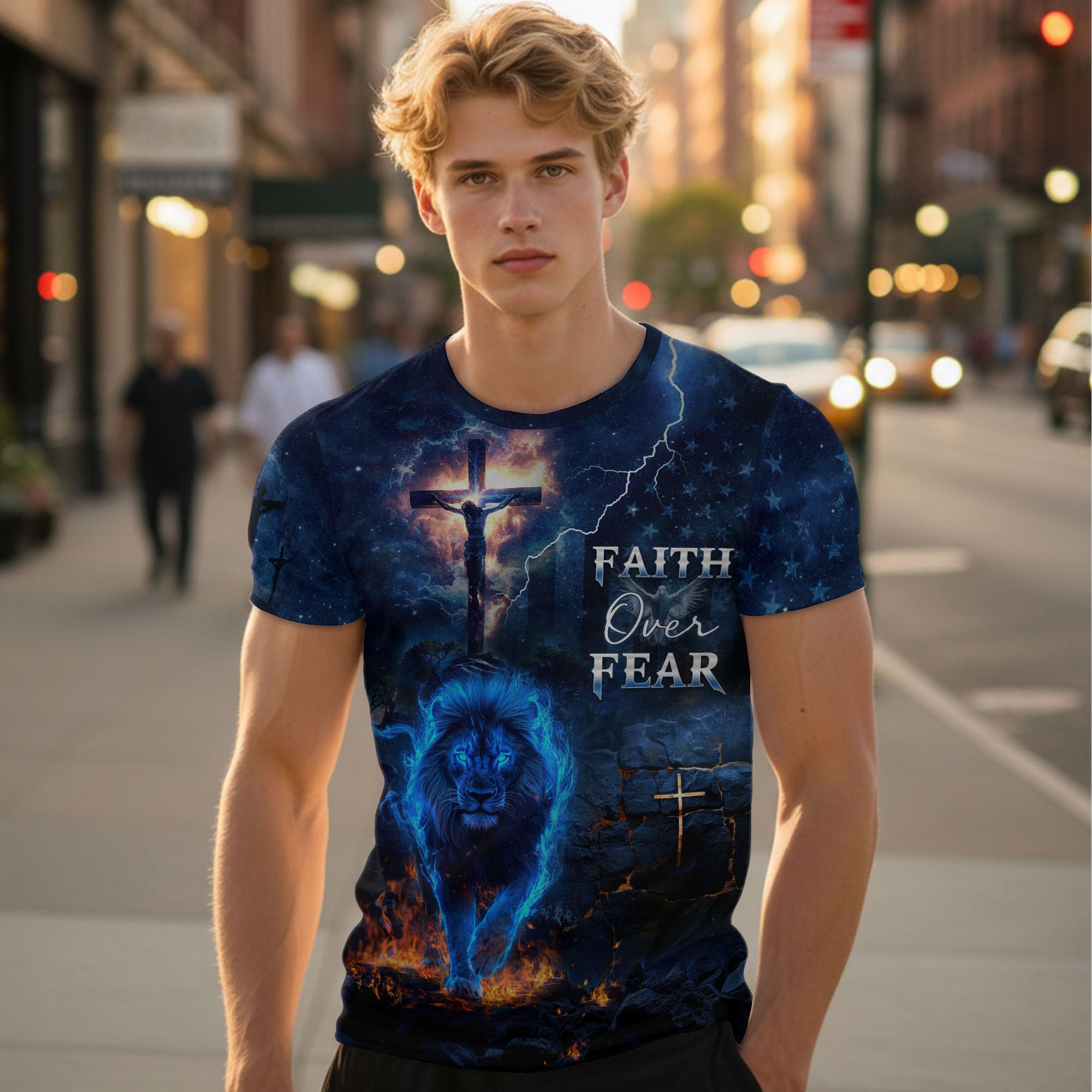 Faith Over Fear Blue Fire Lion And Crucifixion T-Shirt