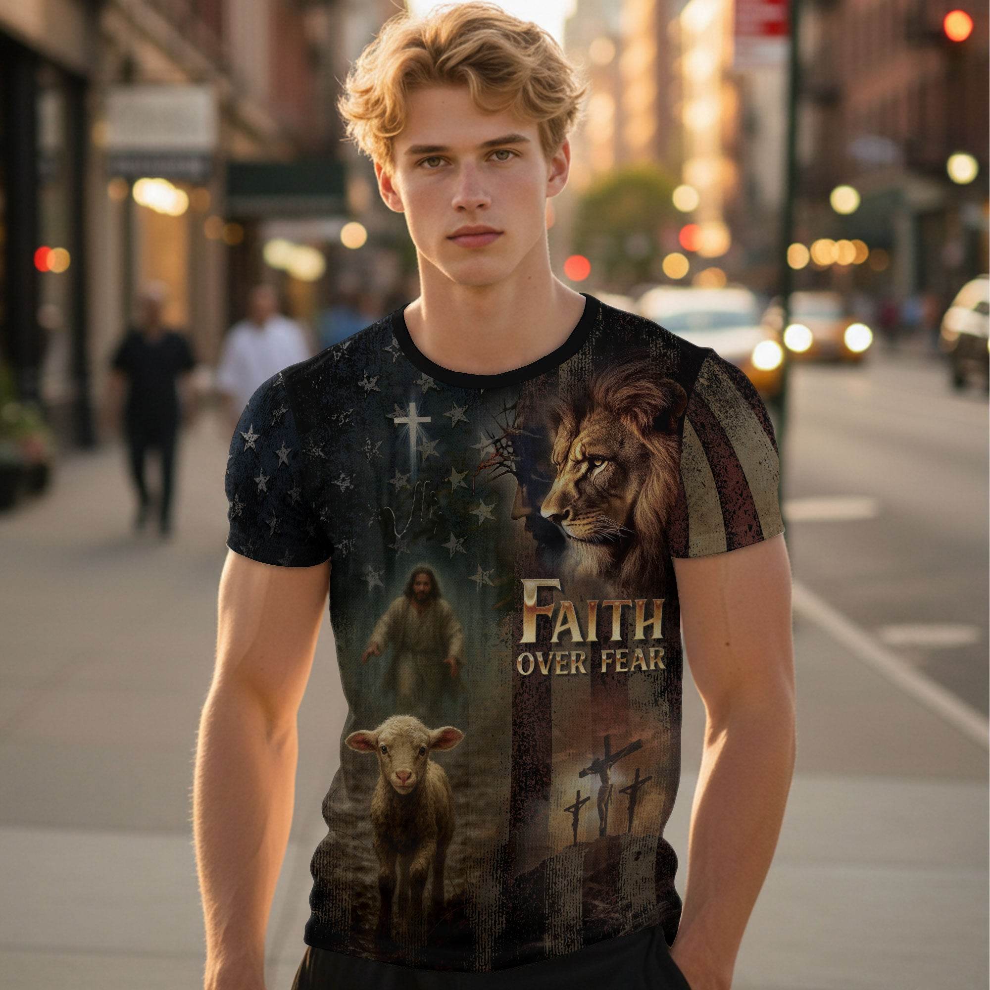 Faith Over Fear Lion & Lamb Christian Cross T-Shirt - Rust Field Wear