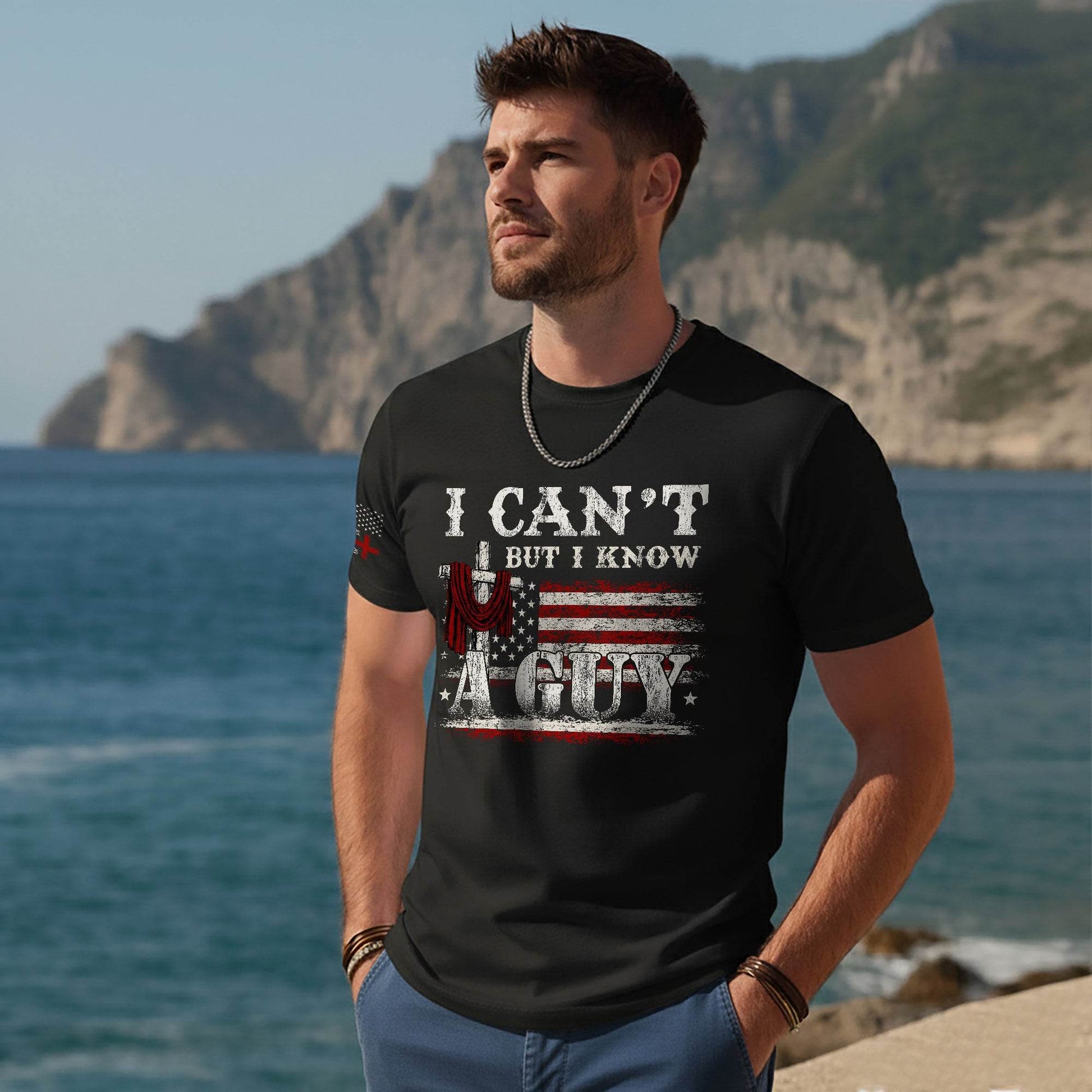 I Can’t But I Know A Guy Cross & Flag Christian T-Shirt - Rust Field Wear
