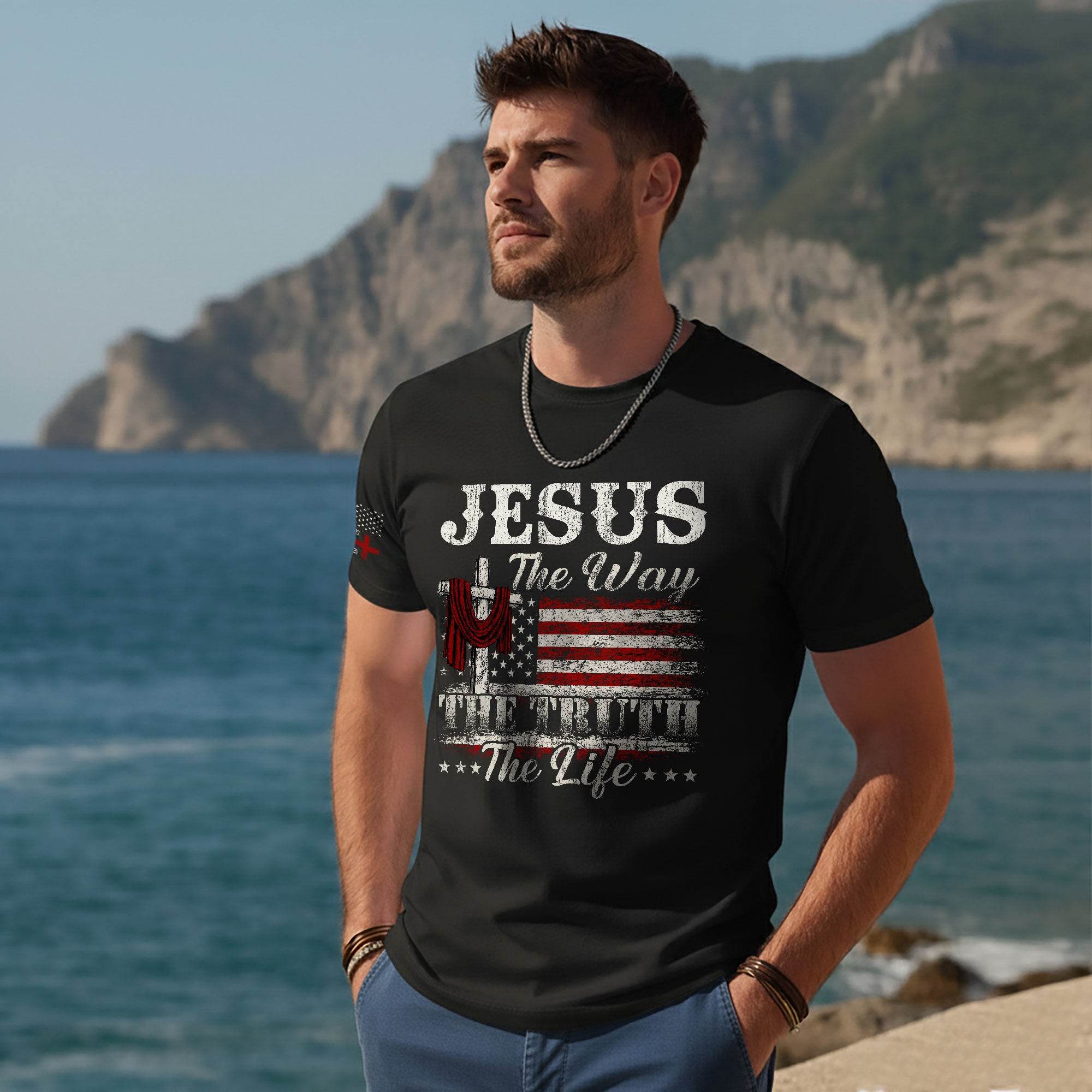 Jesus The Way The Truth The Life Flag Cross T-Shirt - Rust Field Wear