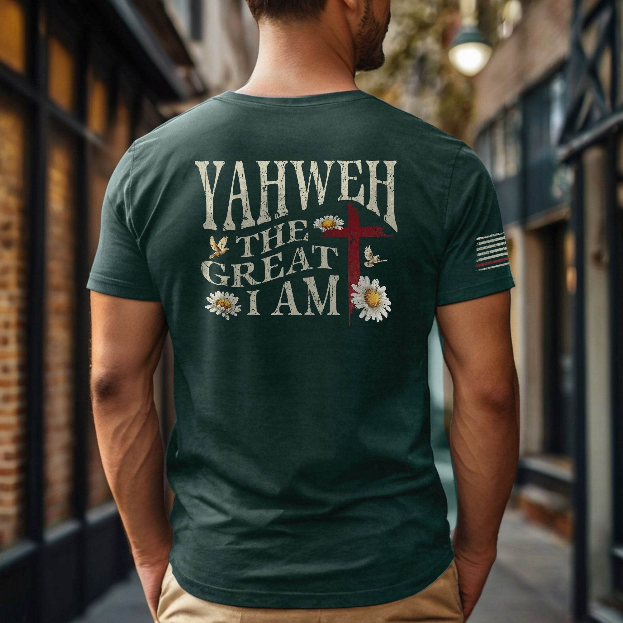 Yahweh The Great I Am | Christian Cross & American Flag Tee - Rust Field Wear