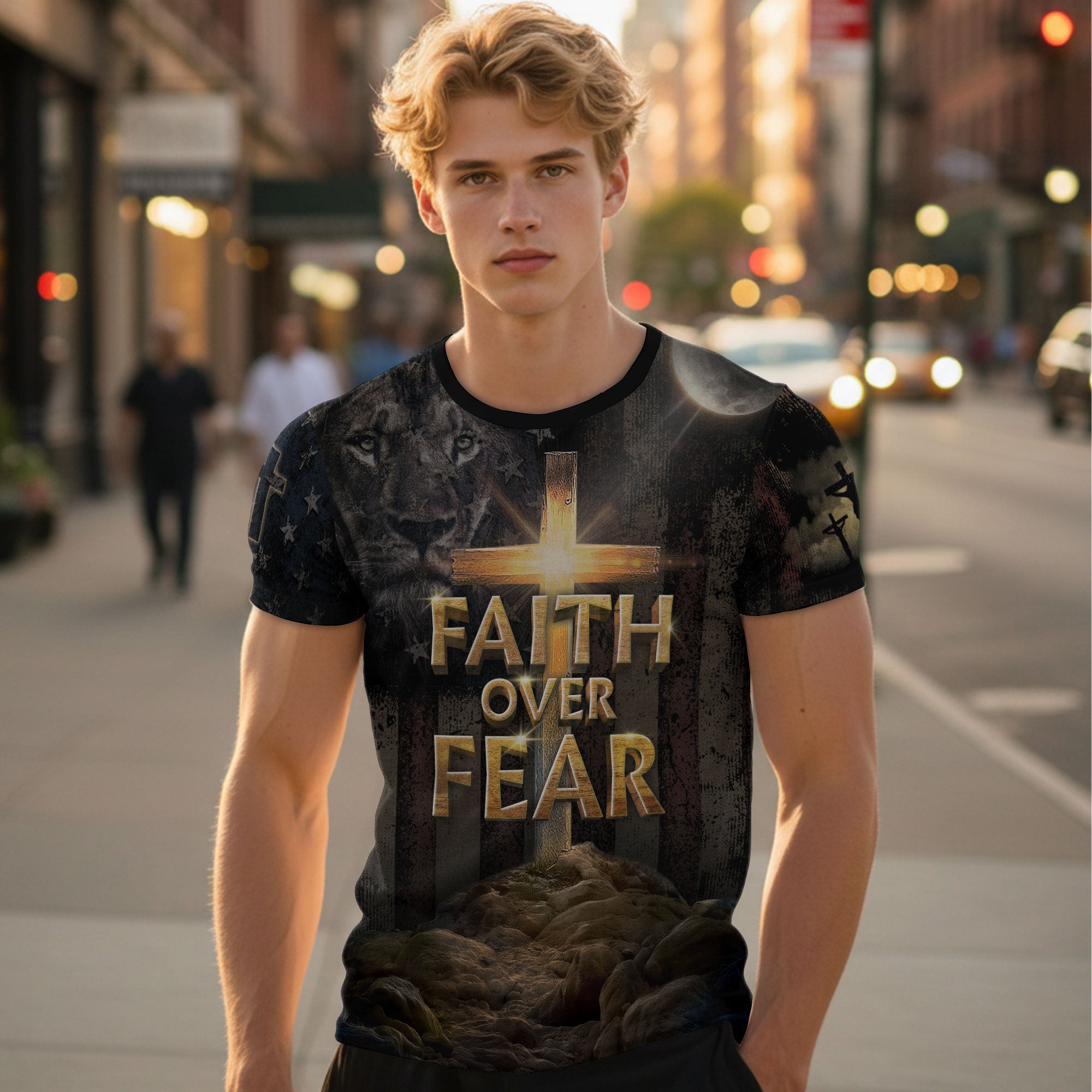 Faith Over Fear | Cross of Light & Warrior Lion Christian Shirt