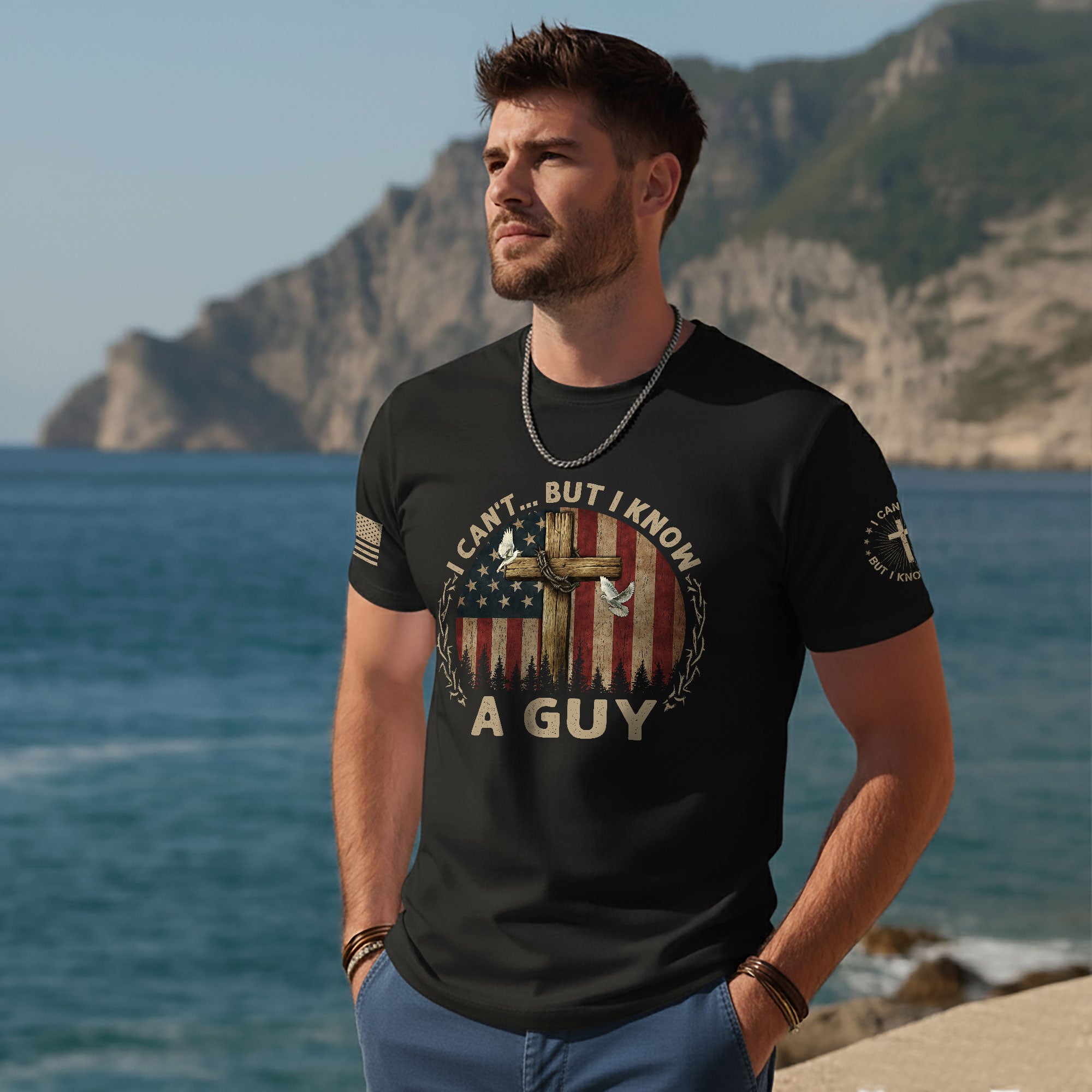 I Can’t… But I Know A Guy | Cross, American Flag & Faith-Based Tee